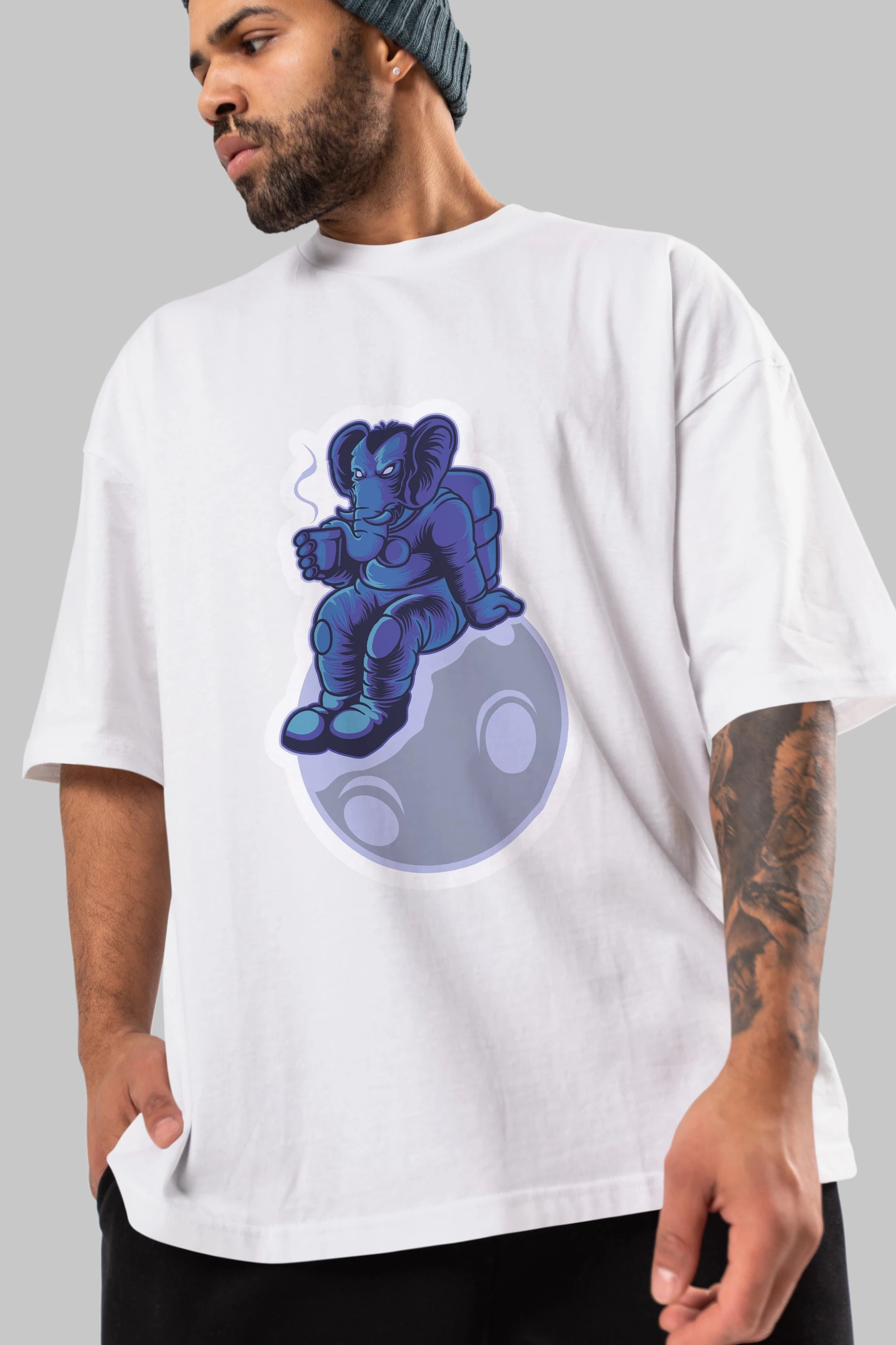 Space Elephant Drink Coffee Sticker Ön Baskılı Oversize t-shirt Erkek Kadın Unisex