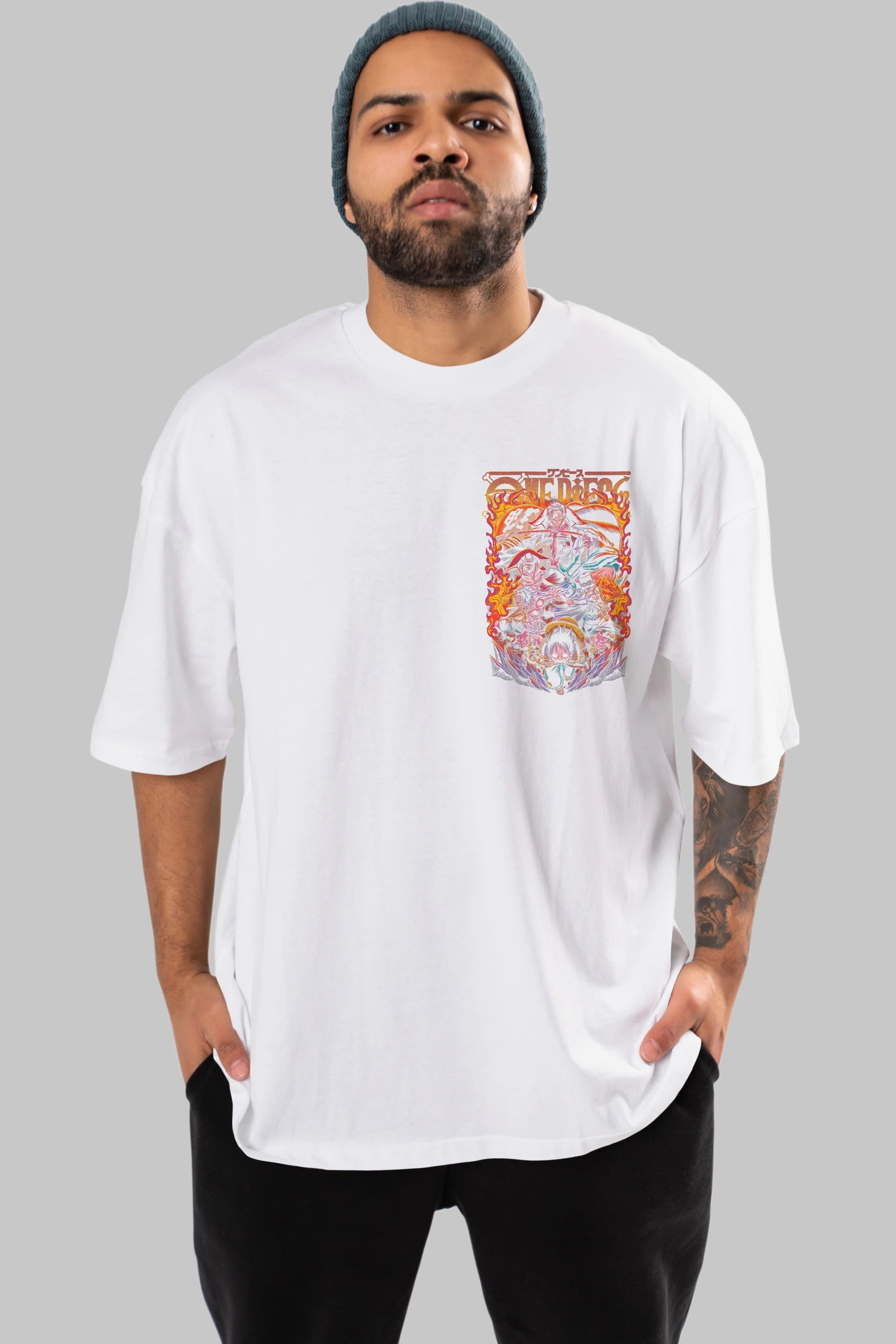 ONE PIECE (3) Ön Sol Baskılı Oversize t-shirt Erkek Kadın Unisex %100 Pamuk Bisiklet Yaka tişort