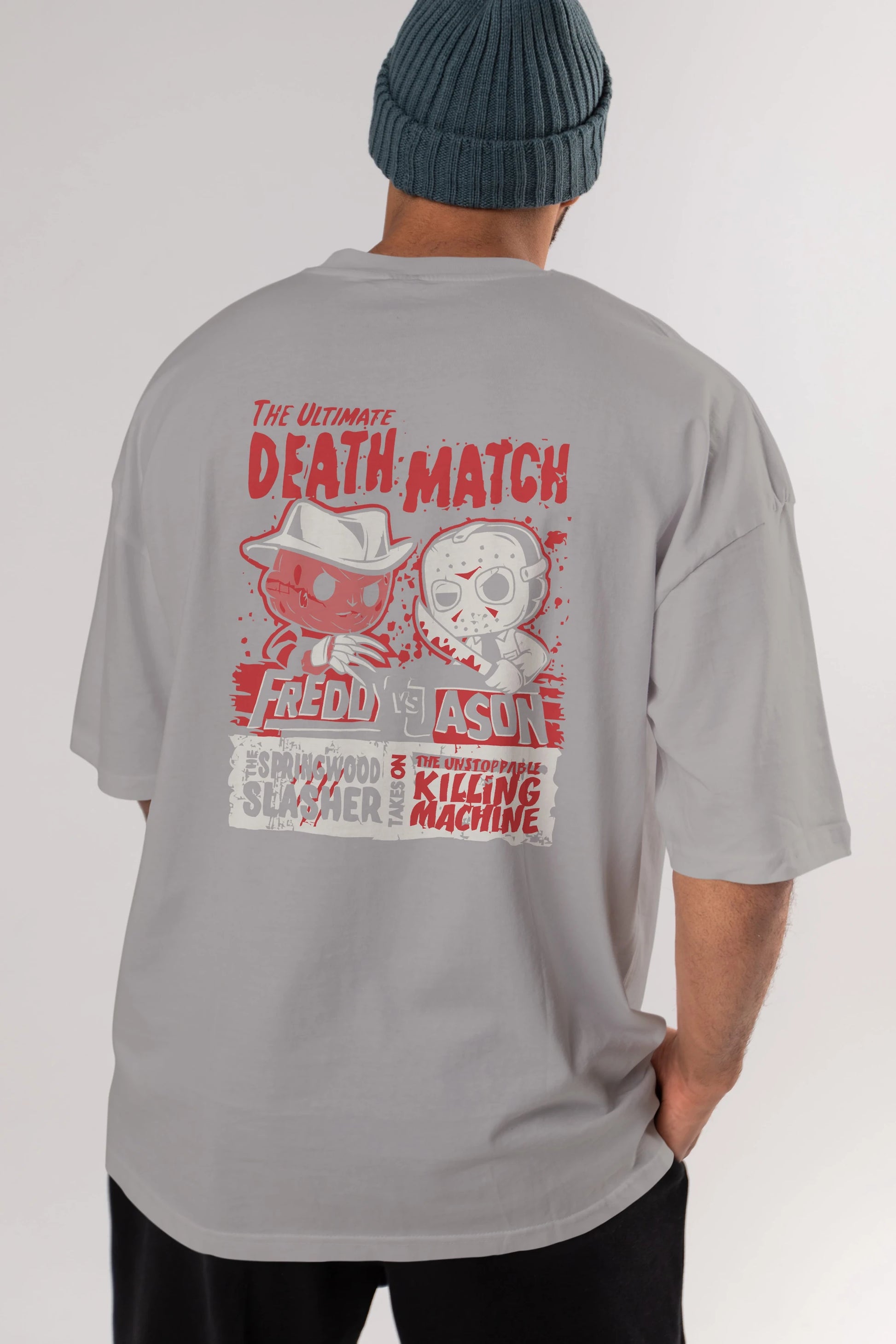 Freddy vs Jason Arka Baskılı Oversize t-shirt Erkek Kadın Unisex %100 Pamuk Bisiklet Yaka tişort