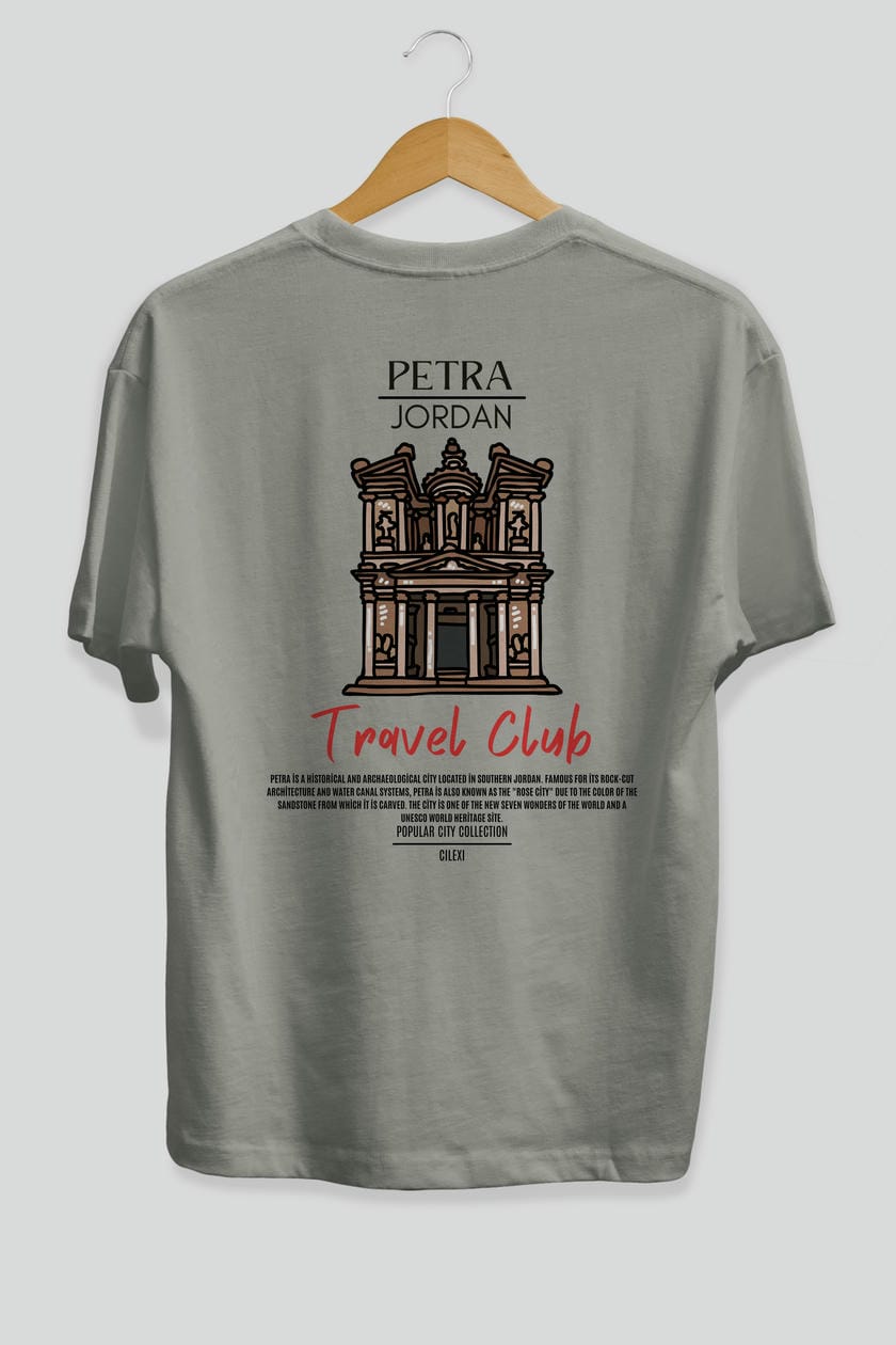 Petra Jordan Arka Baskılı Oversize t-shirt Erkek Kadın Pamuk Bisiklet Yaka tişort