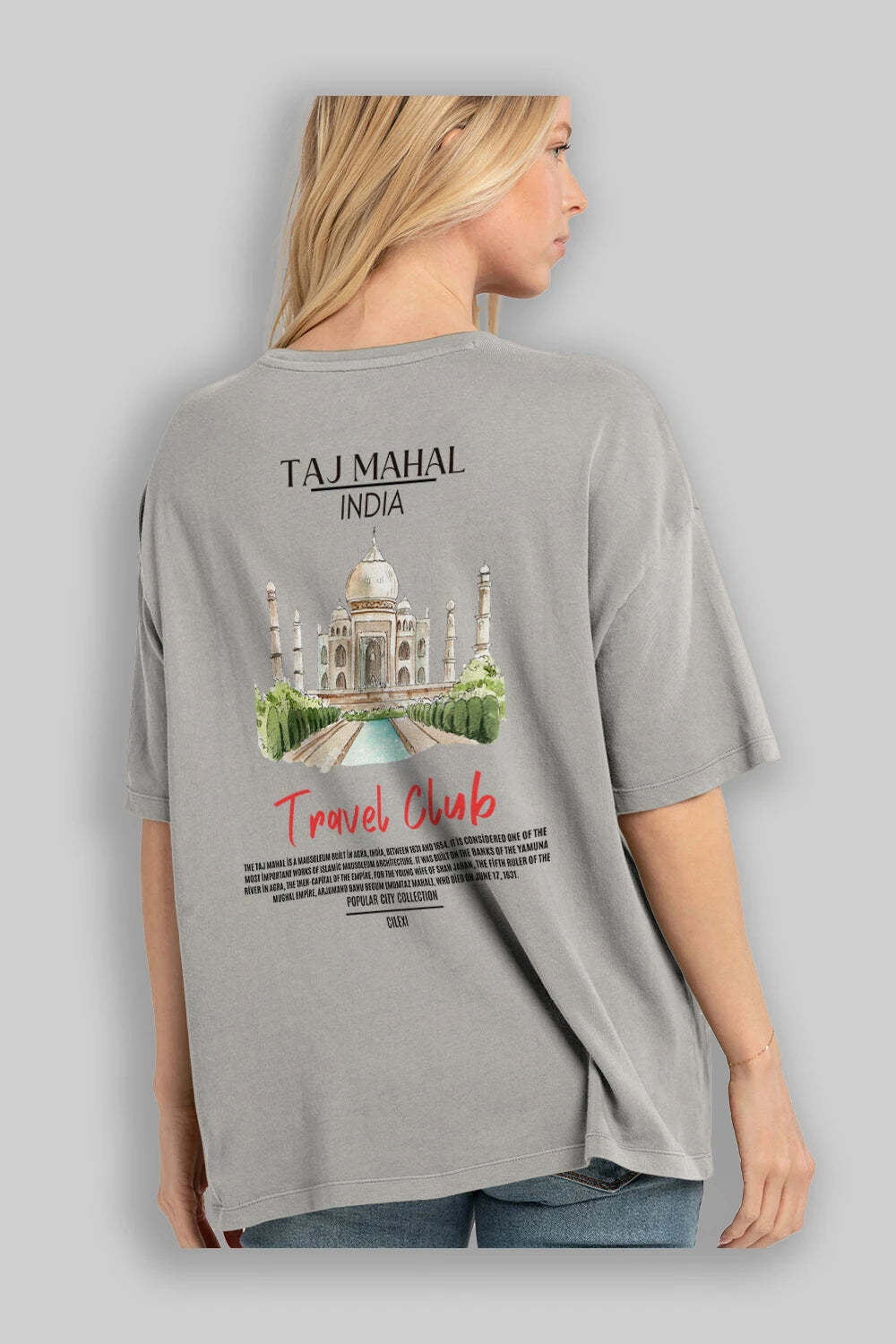Taj Mahal İndia Arka Baskılı Oversize t-shirt Erkek Kadın Pamuk Bisiklet Yaka tişort