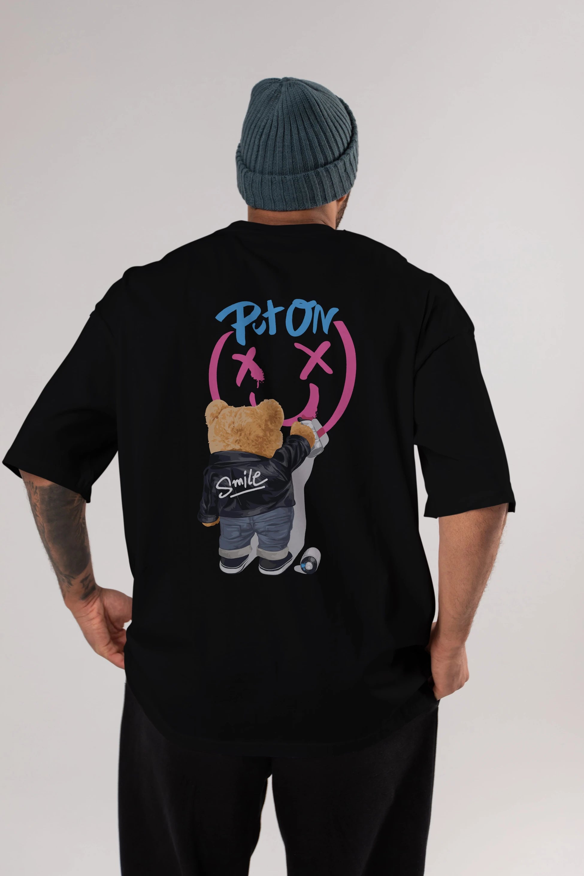 Put on Smile Bear Arka Baskılı Oversize t-shirt Erkek Kadın Unisex