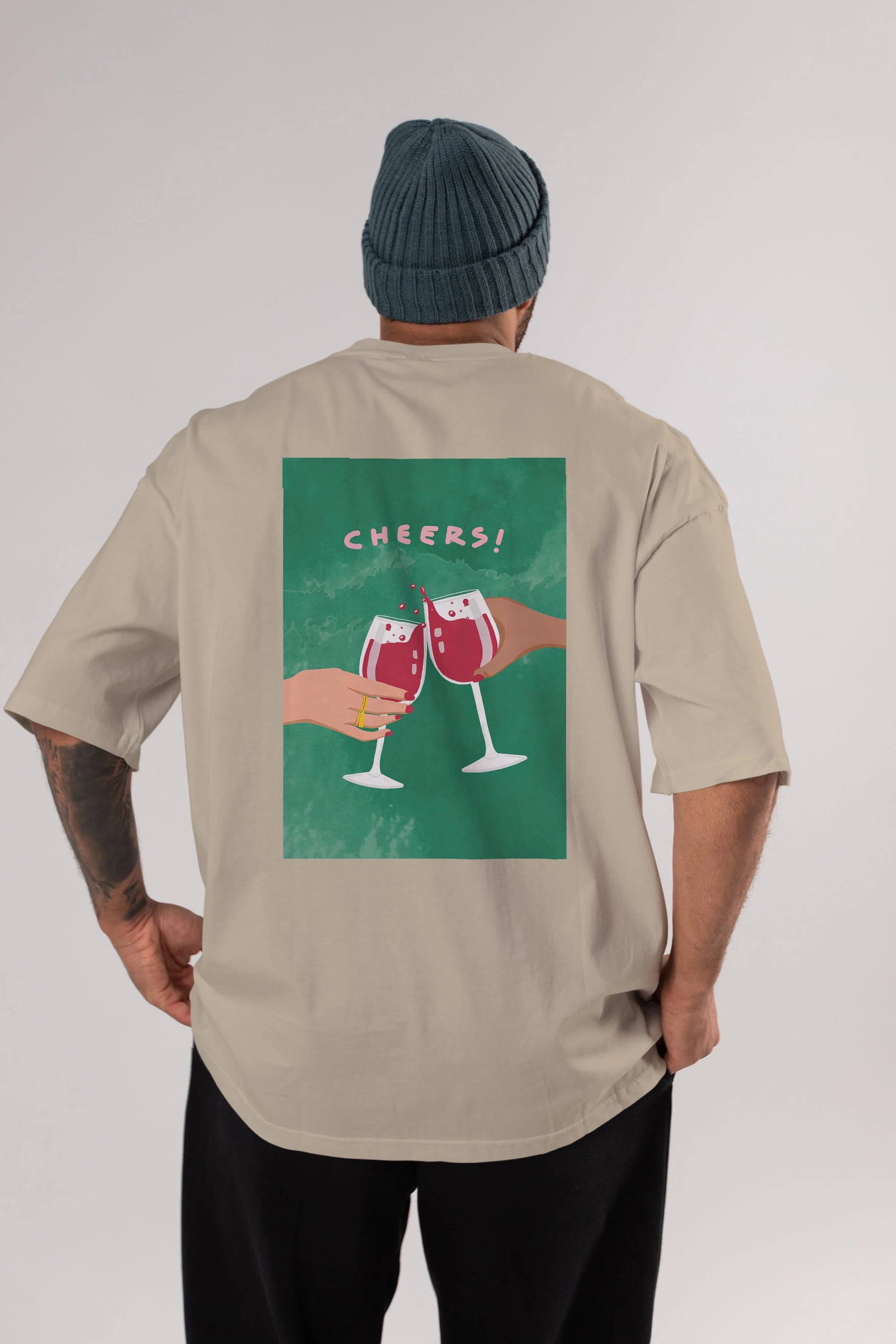 Cheers Arka Baskılı Oversize t-shirt Erkek Kadın Unisex %100 Pamuk Bisiklet Yaka tişort