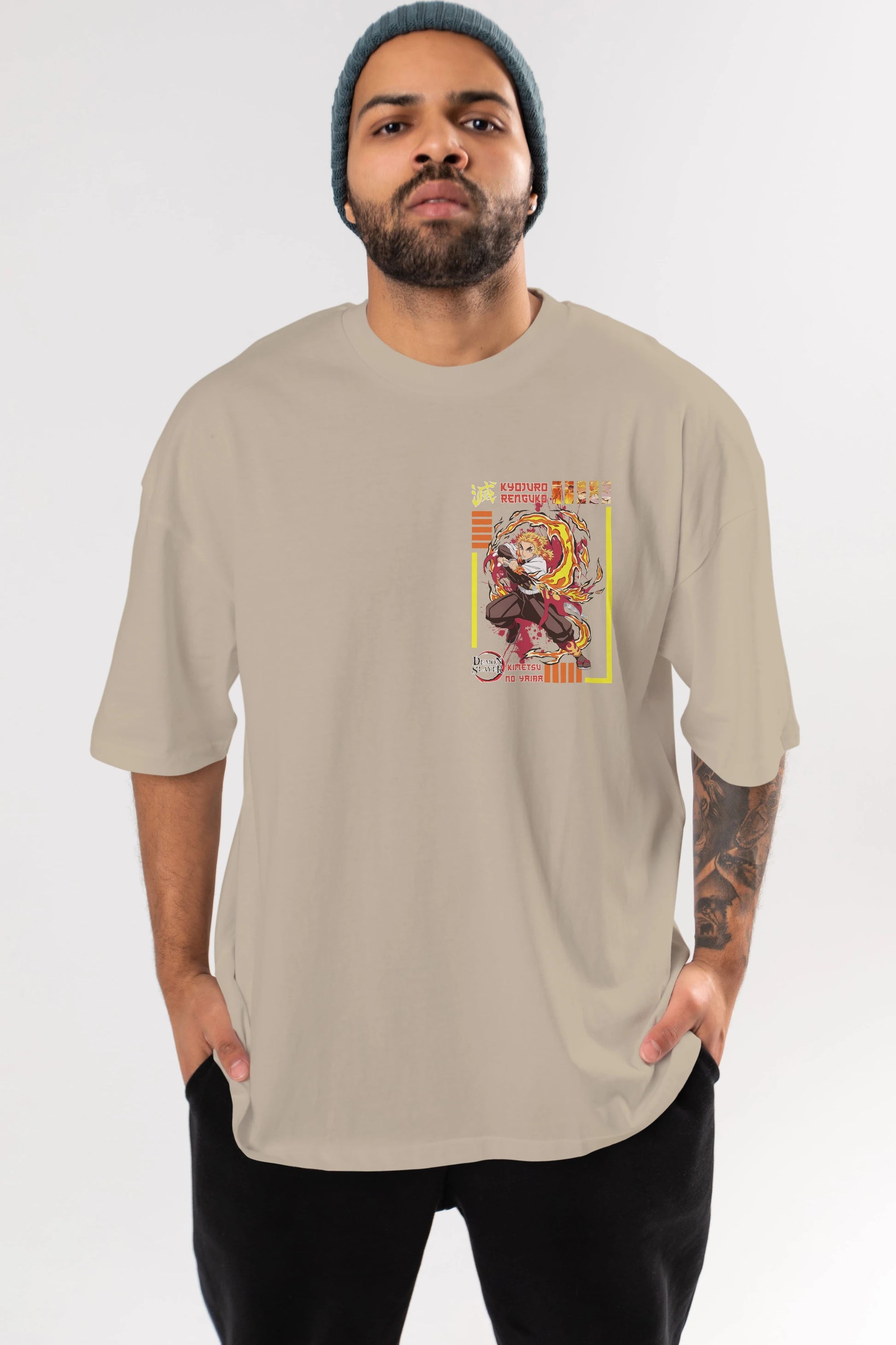 KYOJURO RENGOKU Ön Sol Baskılı Oversize t-shirt Erkek Kadın Unisex %100 Pamuk Bisiklet Yaka tişort