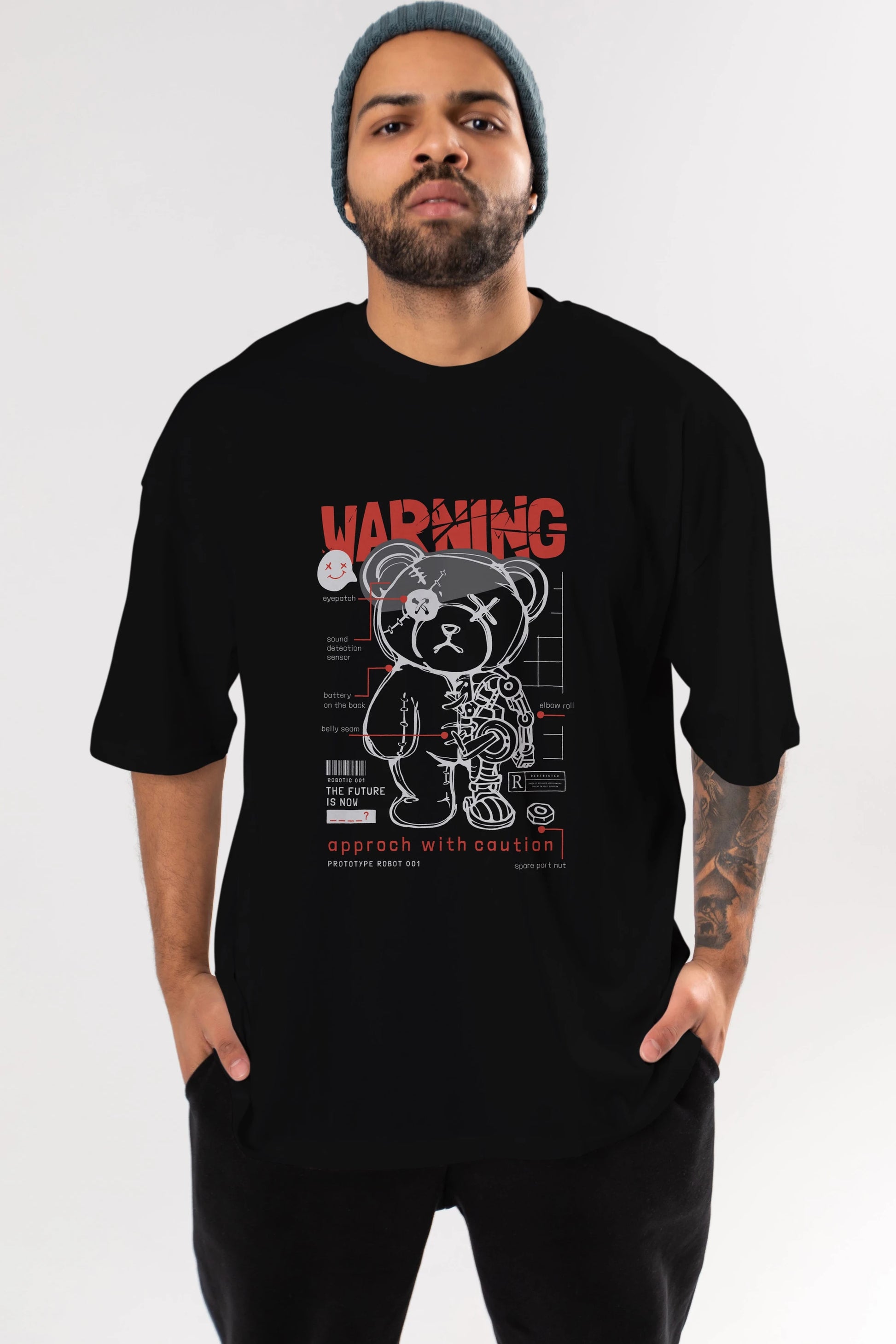 Teddy Bear Warning Ön Baskılı Oversize t-shirt Erkek Kadın Unisex