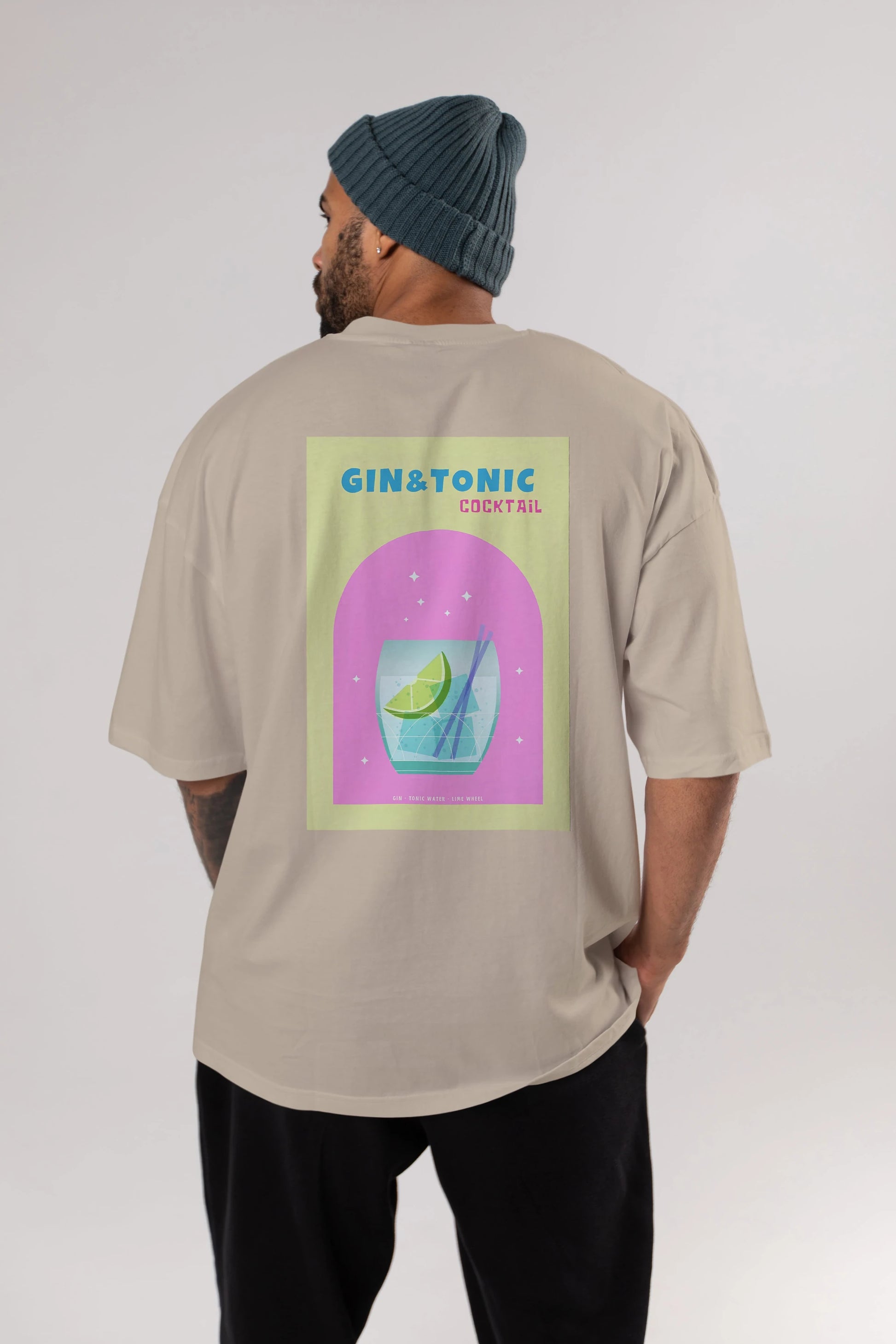 Gin Tonic Cocktail Arka Baskılı Oversize t-shirt Erkek Kadın Unisex %100 Pamuk Bisiklet Yaka tişort