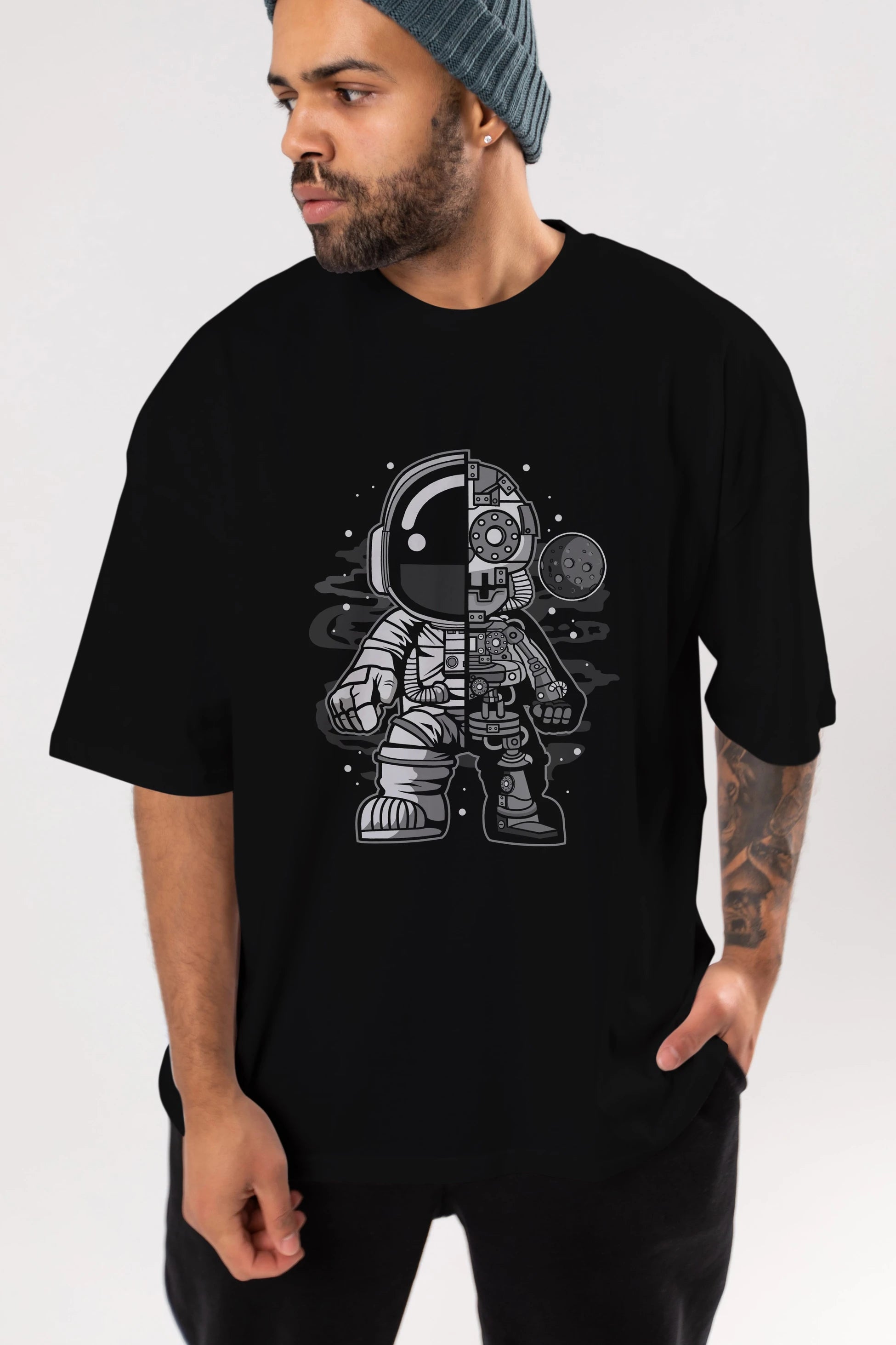 Astronaut Half Robot Ön Baskılı Oversize t-shirt Erkek Kadın Unisex