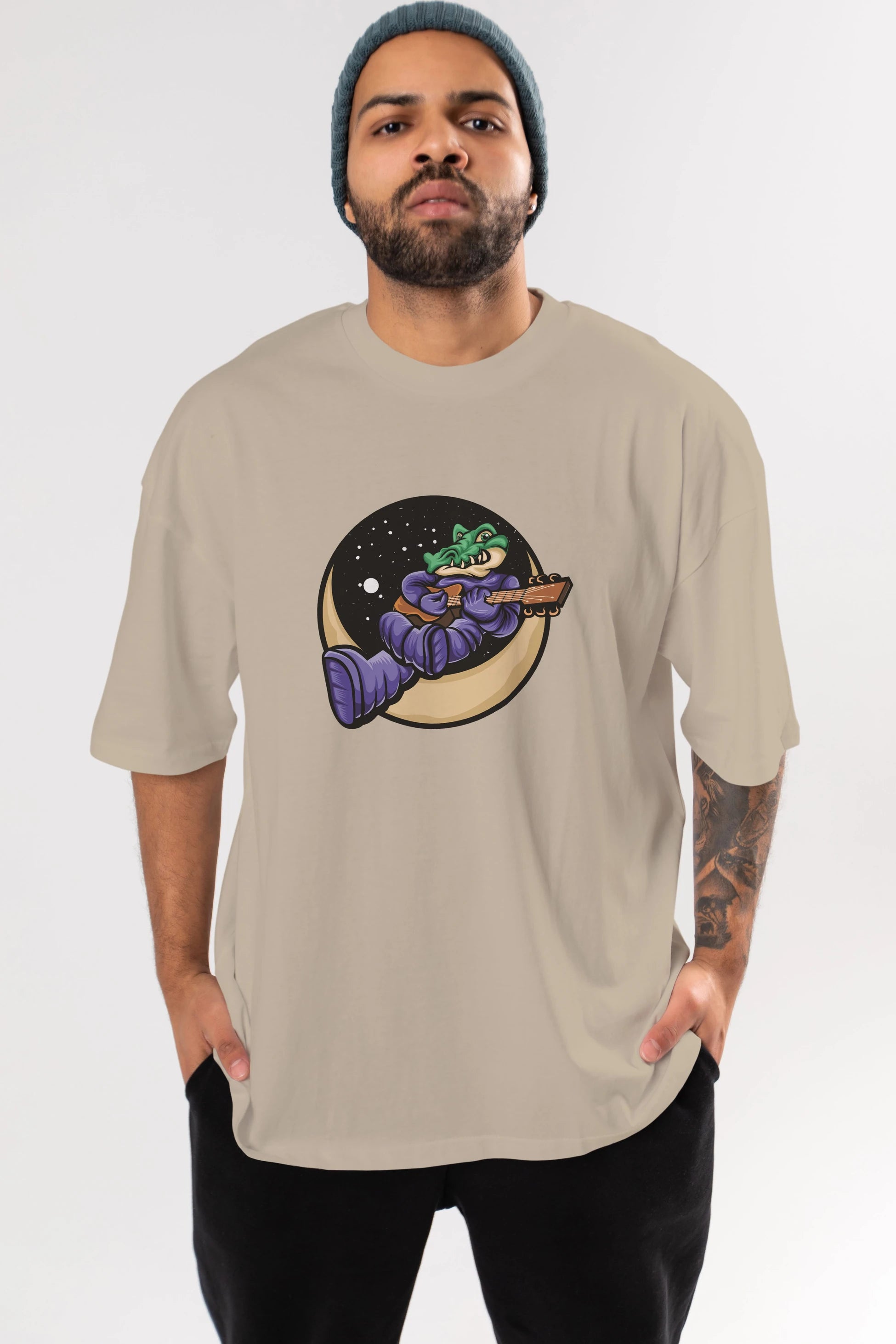 Space Crocodile Ön Baskılı Oversize t-shirt Erkek Kadın Unisex