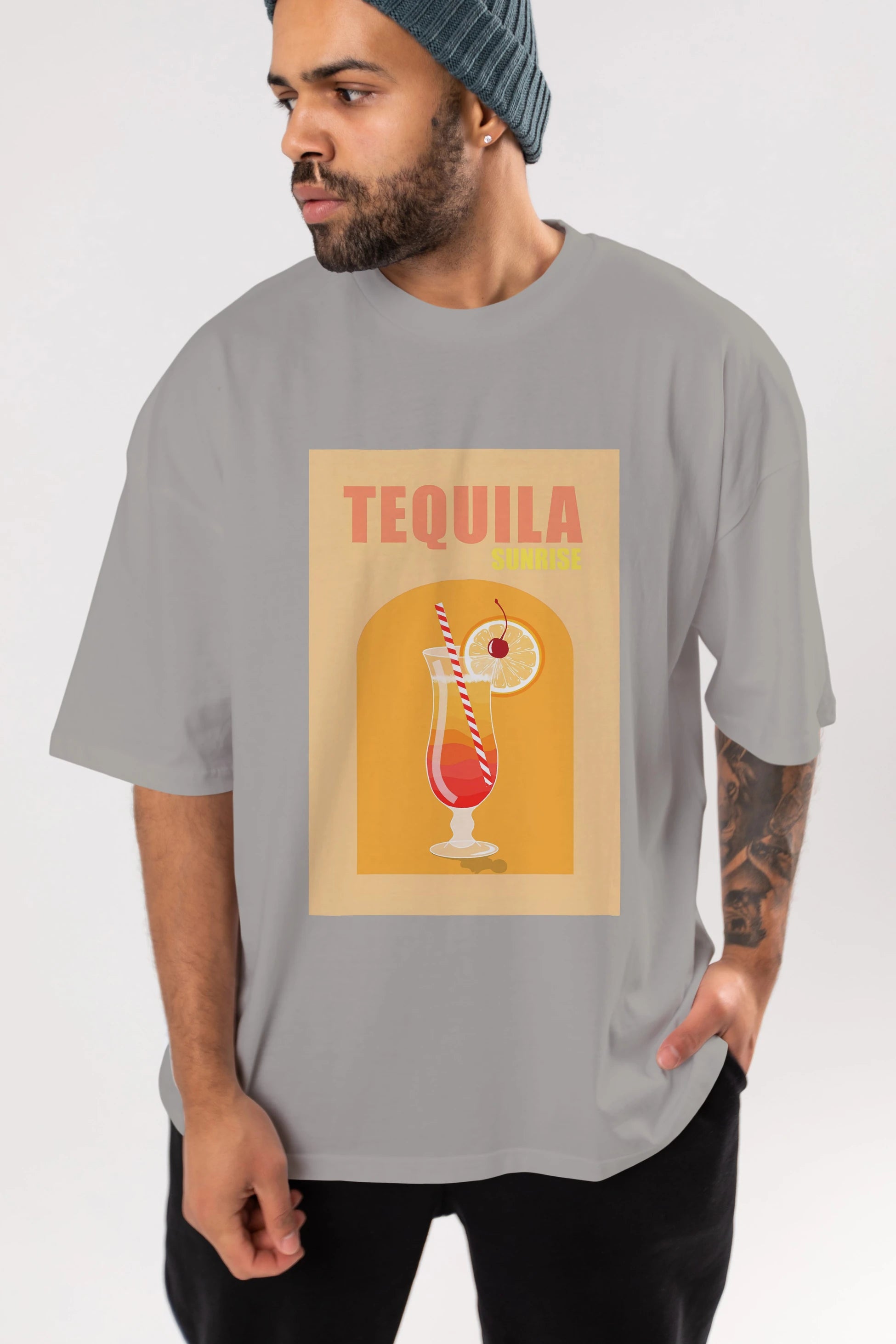 Tequila Sunrise Ön Baskılı Oversize t-shirt Erkek Kadın Unisex %100 Pamuk Bisiklet Yaka tişort