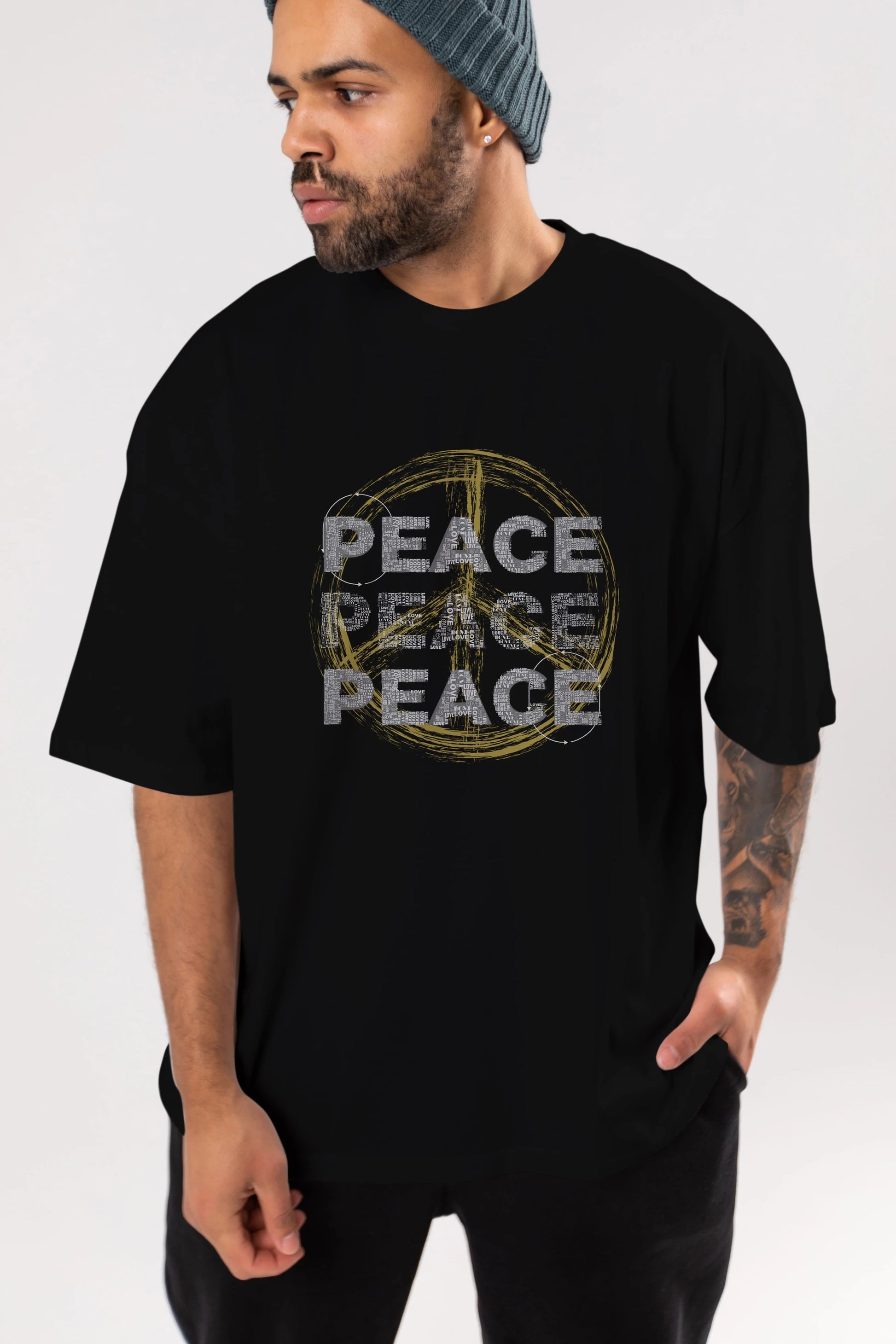Peace Yazılı Ön Baskılı Oversize t-shirt Erkek Kadın Unisex