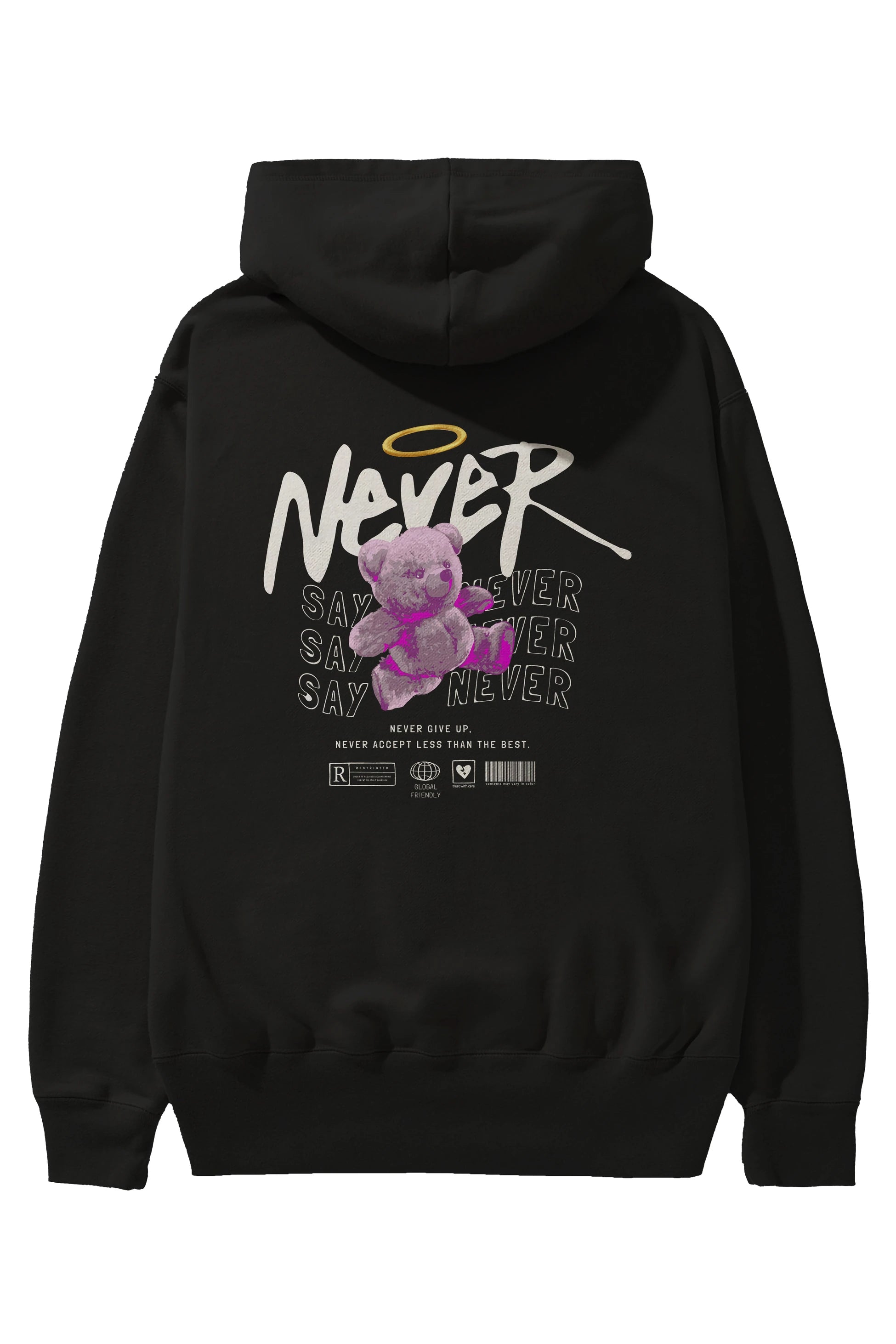Teddy Bear Never Arka Baskılı Hoodie Oversize Kapüşonlu Sweatshirt Erkek Kadın Unisex