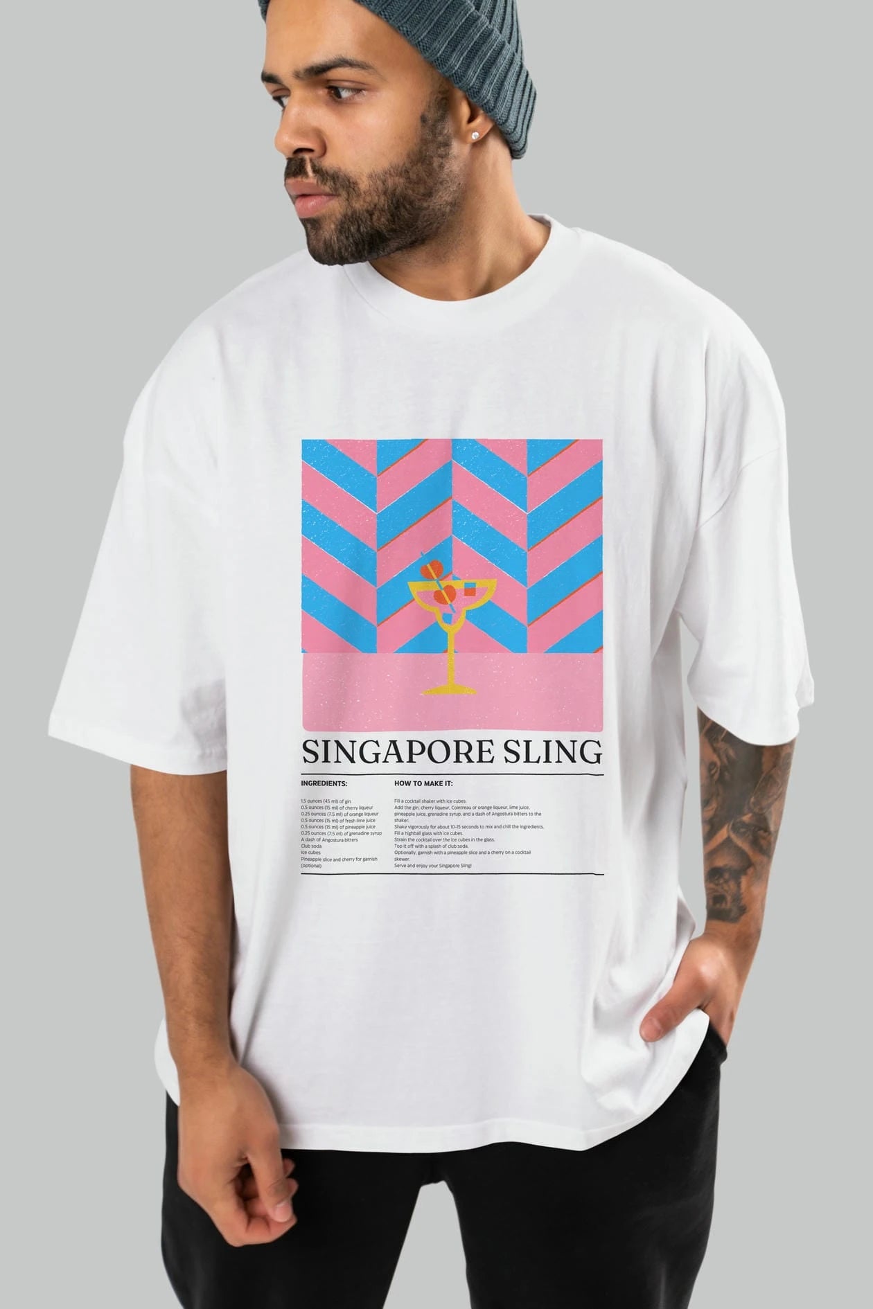 Sıngapore Sling Kokteyl Ön Baskılı Oversize t-shirt Erkek Kadın %100 Pamuk Bisiklet Yaka tişort