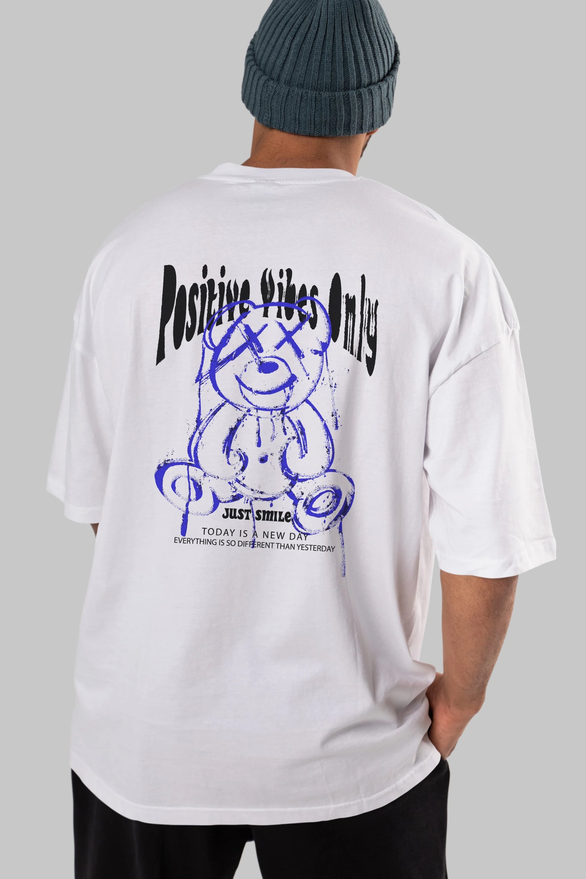 Positive Vibes Only Bear Arka Baskılı Oversize t-shirt Erkek Kadın Unisex