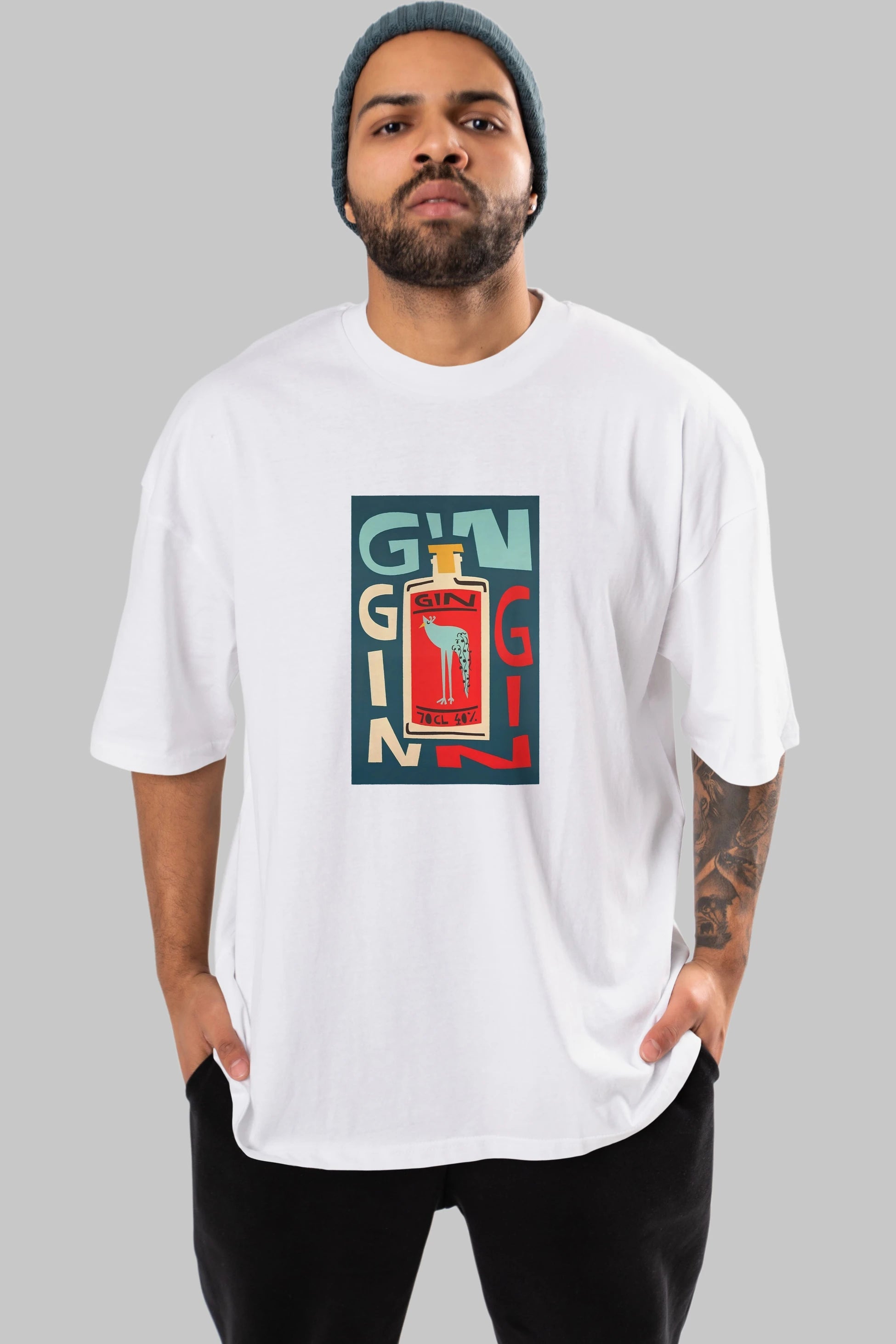 Gin 2 Ön Baskılı Oversize t-shirt Erkek Kadın Unisex %100 Pamuk Bisiklet Yaka tişort