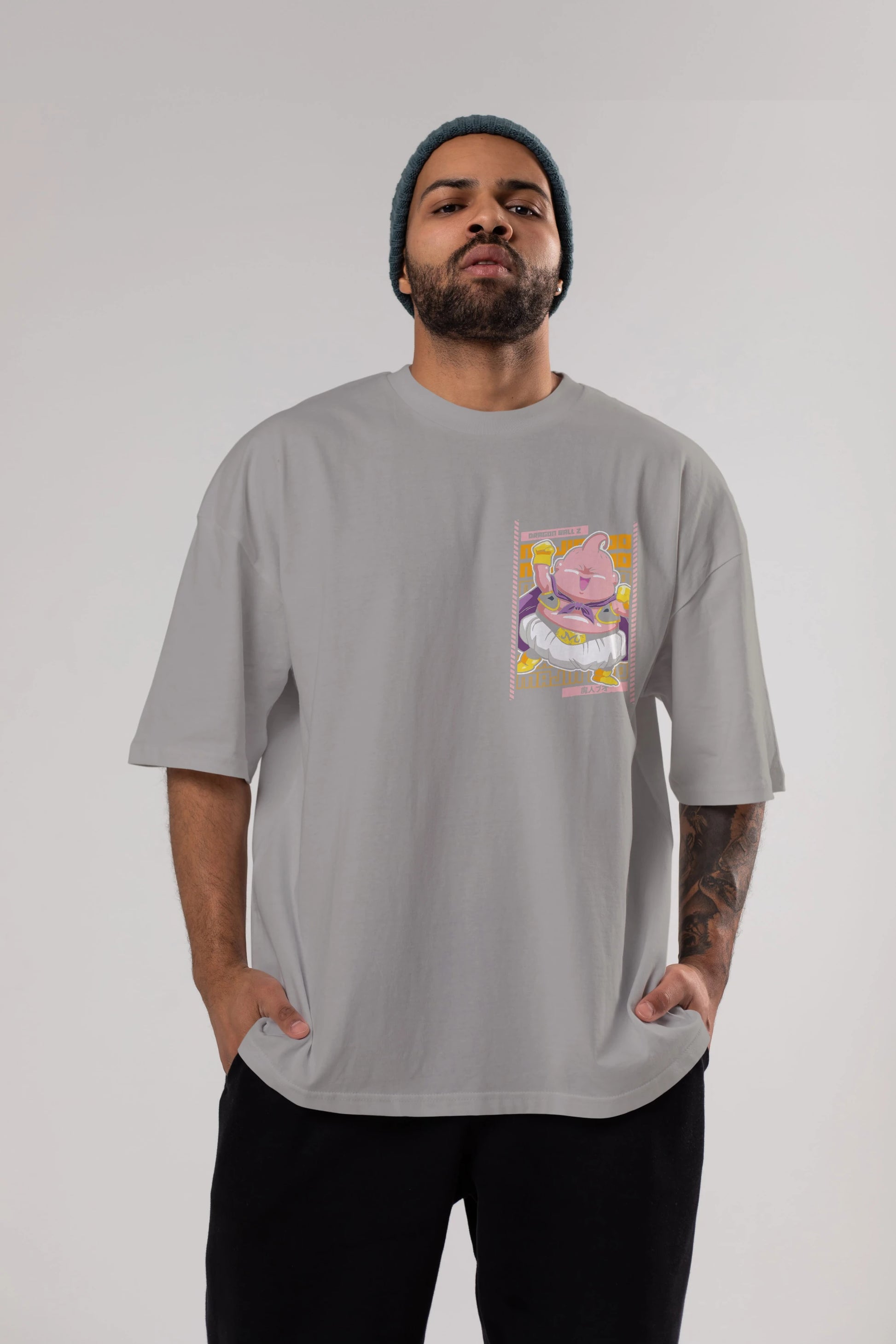 MAJIN BOO1 Ön Sol Baskılı Oversize t-shirt Erkek Kadın Unisex %100 Pamuk Bisiklet Yaka tişort
