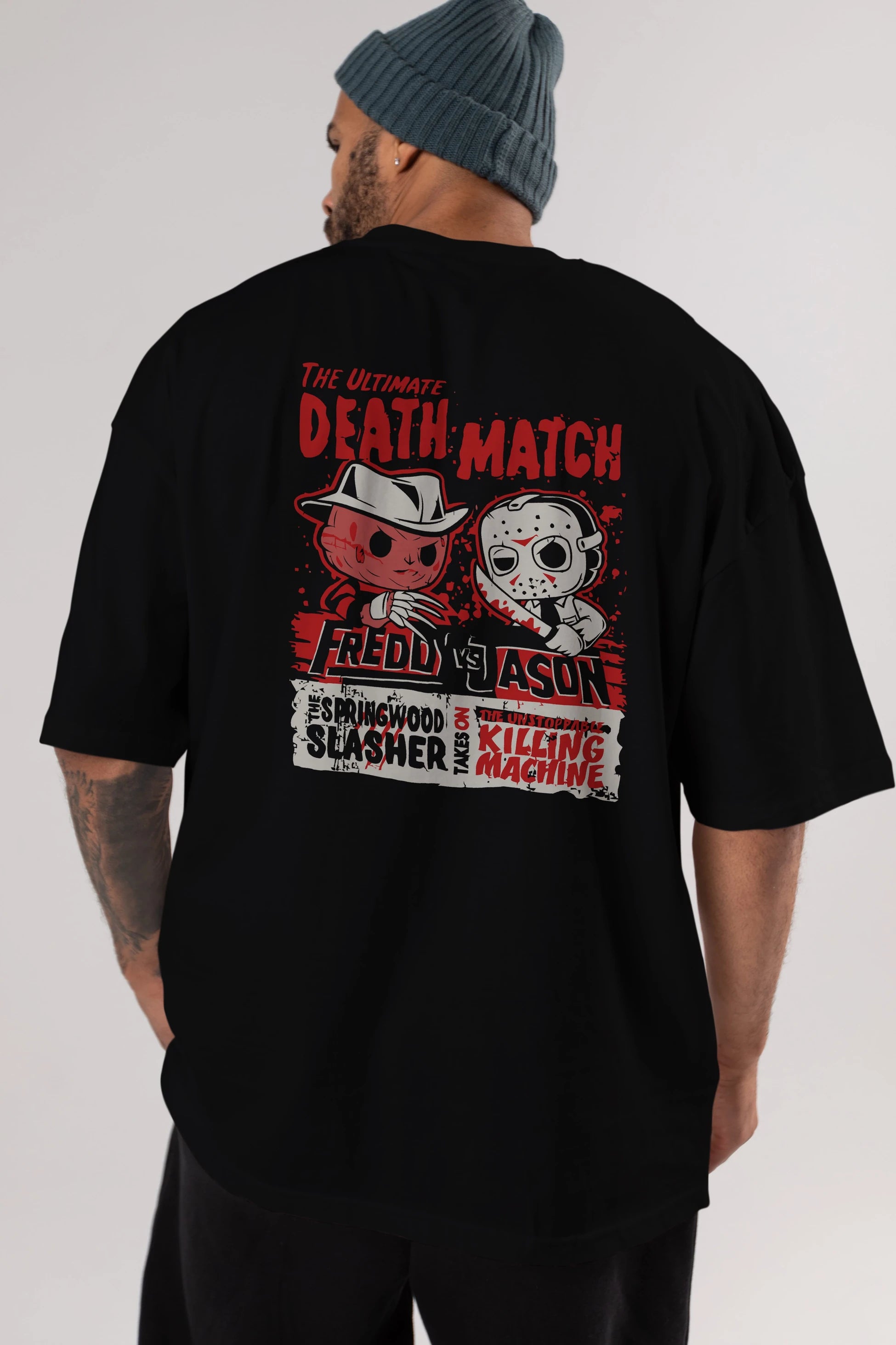 Freddy vs Jason Arka Baskılı Oversize t-shirt Erkek Kadın Unisex %100 Pamuk Bisiklet Yaka tişort