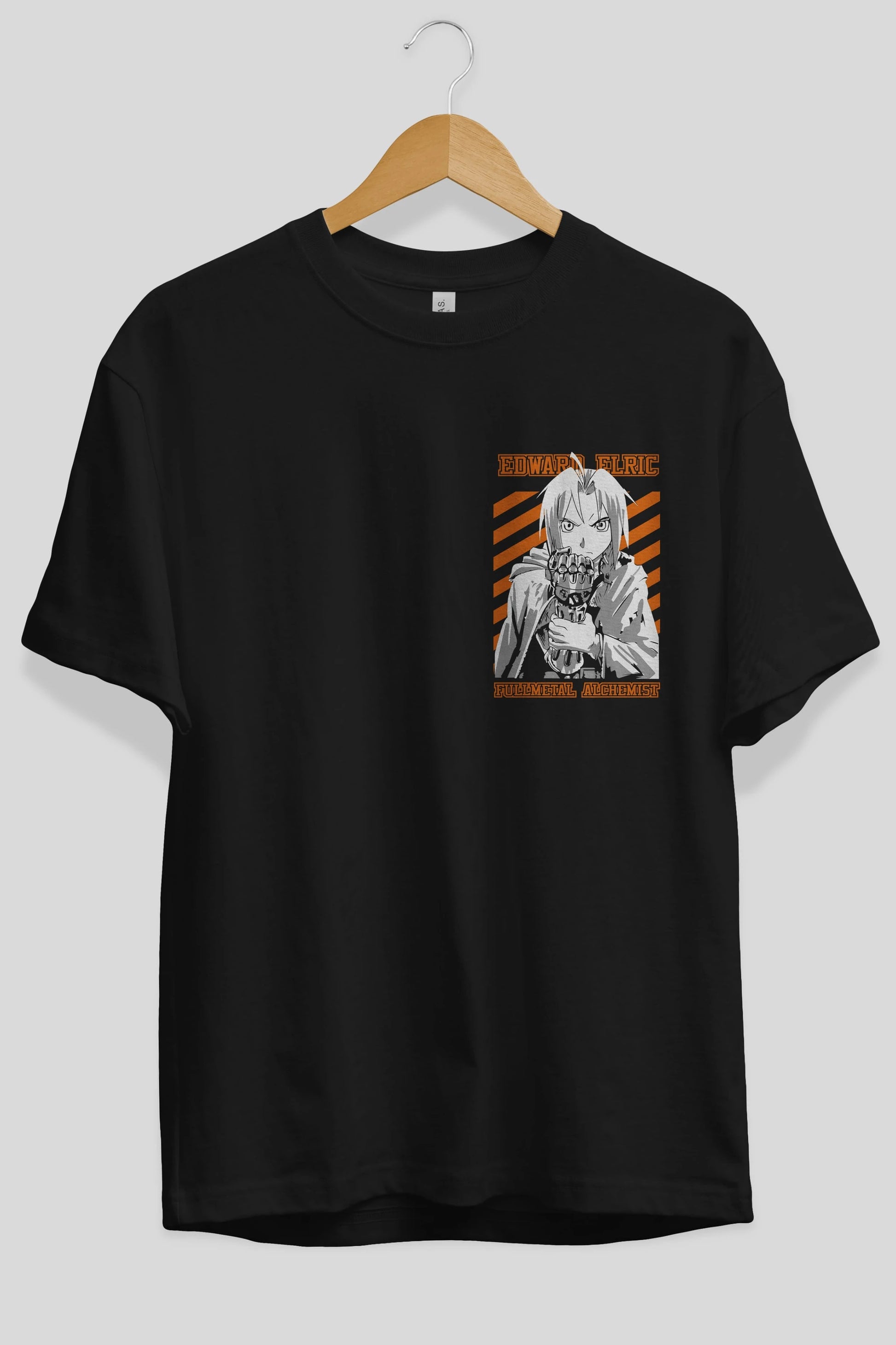 EDWARD ELRIC Ön Sol Baskılı Oversize t-shirt Erkek Kadın Unisex %100 Pamuk Bisiklet Yaka tişort
