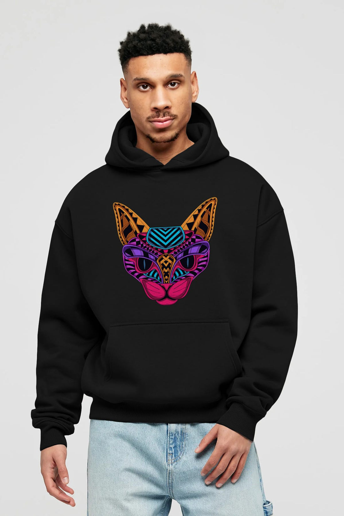Black Neon Cat Ön Baskılı Oversize Hoodie Kapüşonlu Sweatshirt Erkek Kadın Unisex