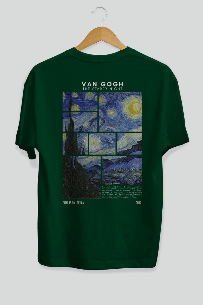 Van Gogh The Starry Night Arka Baskılı Oversize t-shirt Erkek Kadın Bisiklet Yaka Pamuk tişort