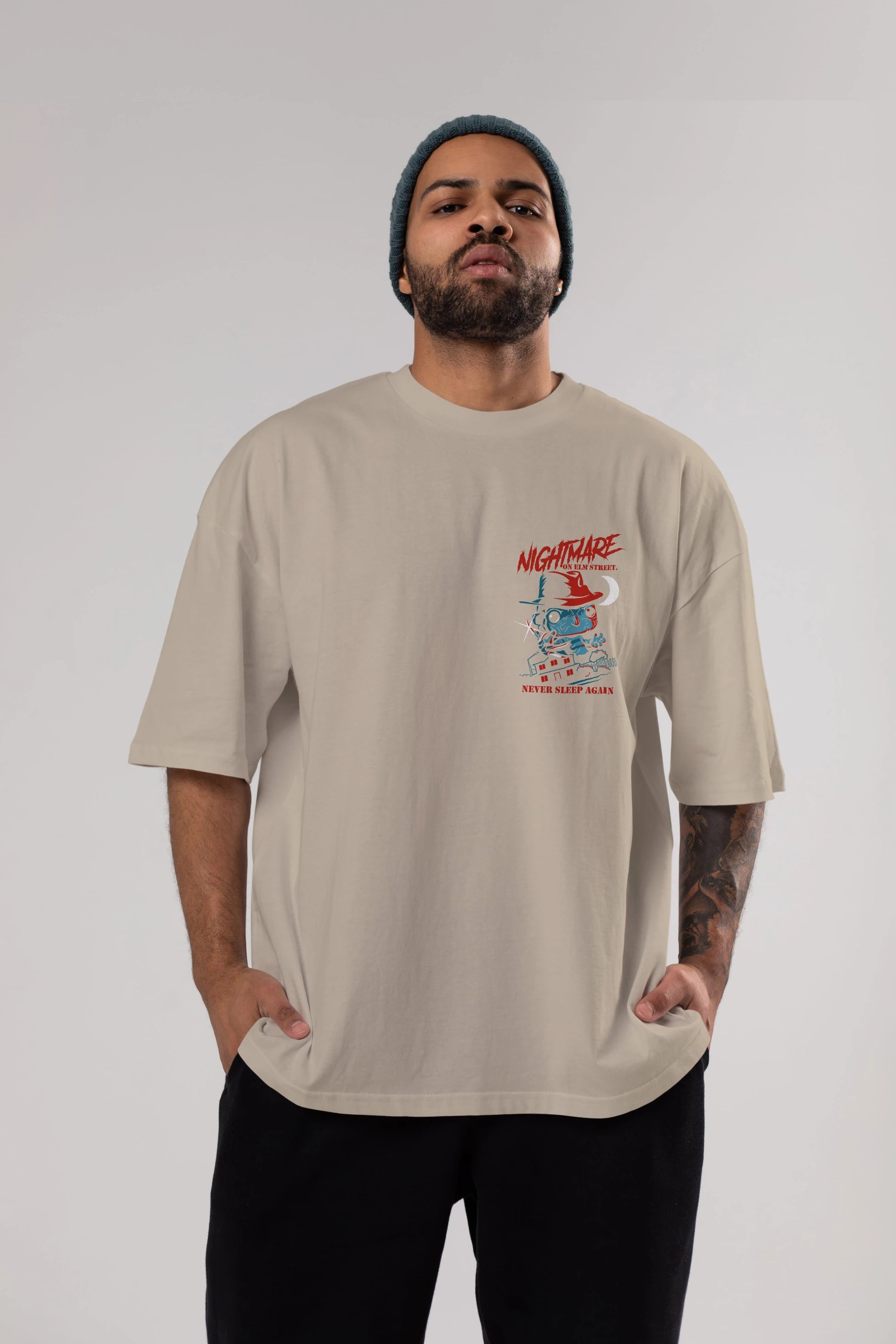 Nightmare Elm Sokağı Ön Sol Baskılı Oversize t-shirt Erkek Kadın Unisex %100 Pamuk Bisiklet Yaka tişort