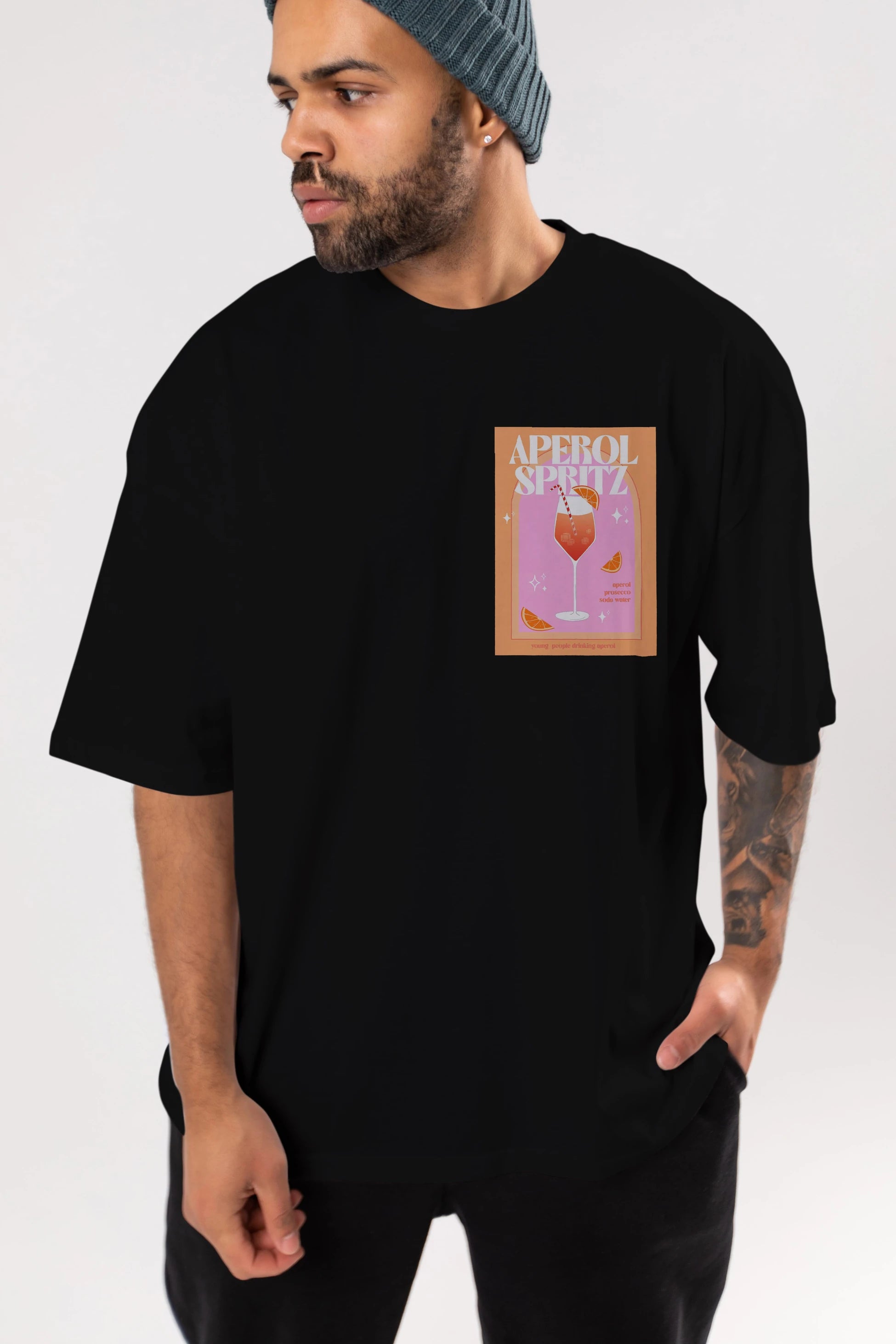 Aperol Spritz 2 Ön Sol Baskılı Oversize t-shirt Erkek Kadın Unisex %100 Pamuk Bisiklet Yaka tişort