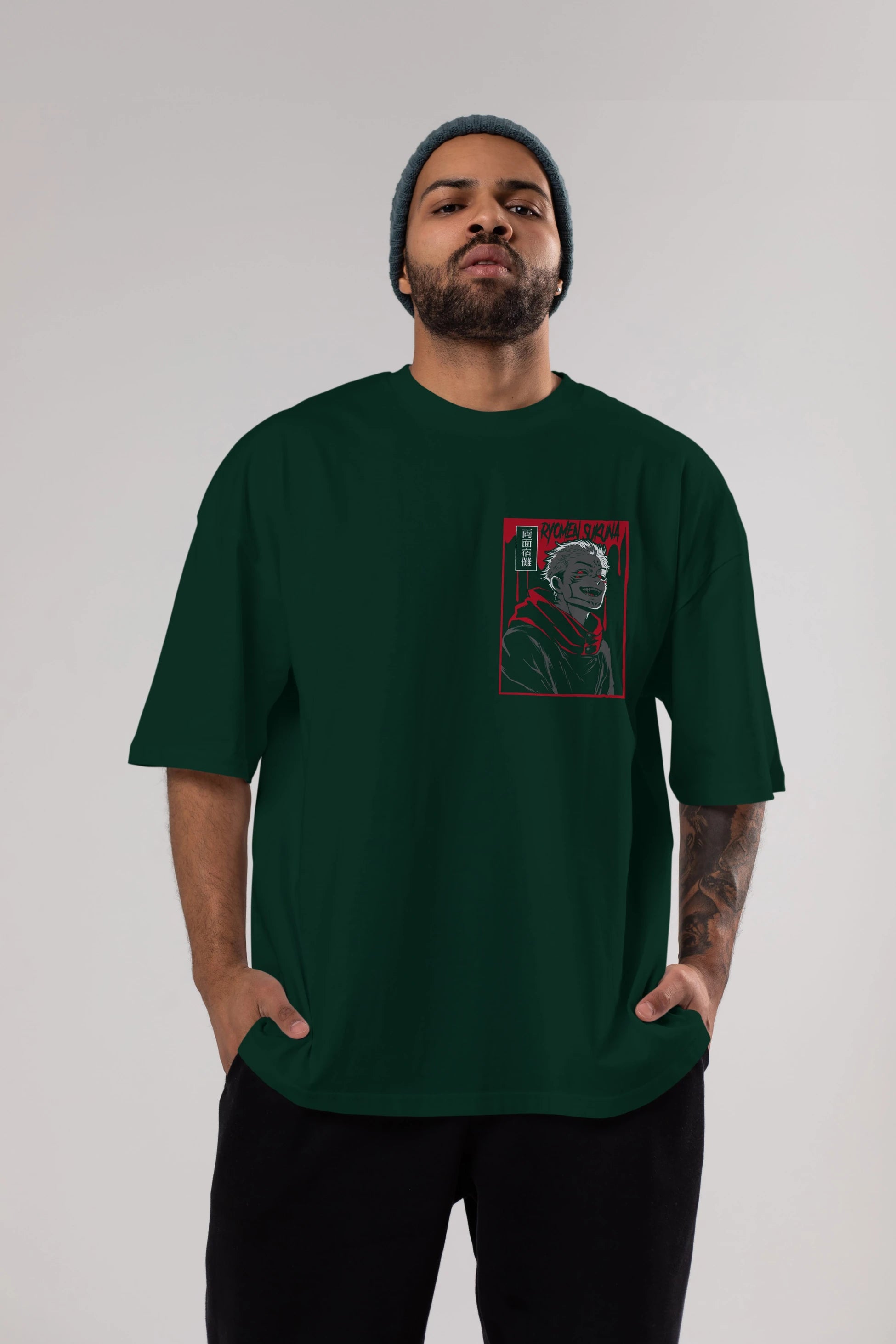 SUKUNA Ön Sol Baskılı Oversize t-shirt Erkek Kadın Unisex %100 Pamuk Bisiklet Yaka tişort