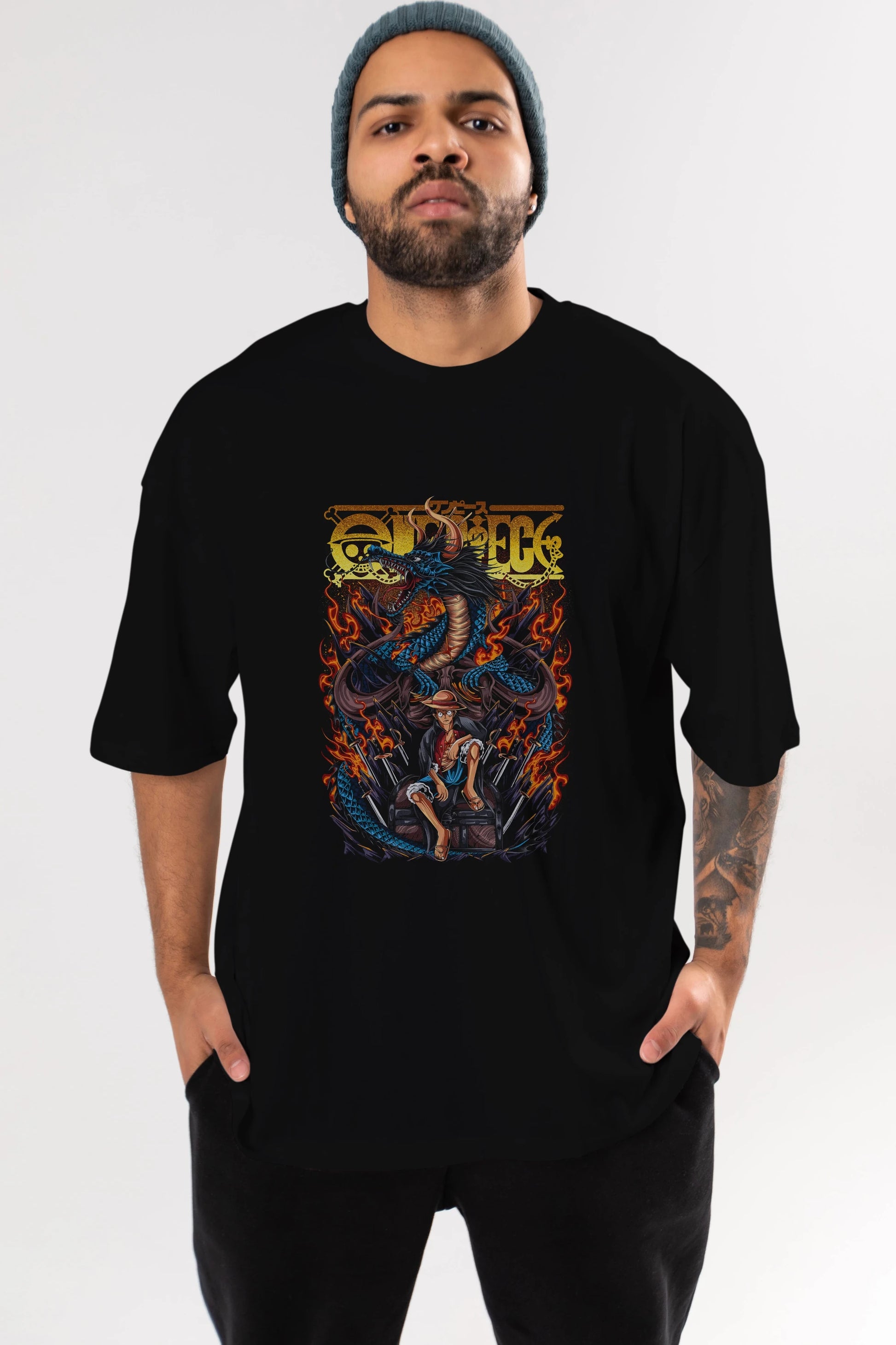 MONKEY D. LUFF-ONE PIECE Anime Ön Baskılı Oversize t-shirt %100 pamuk Erkek Kadın Unisex