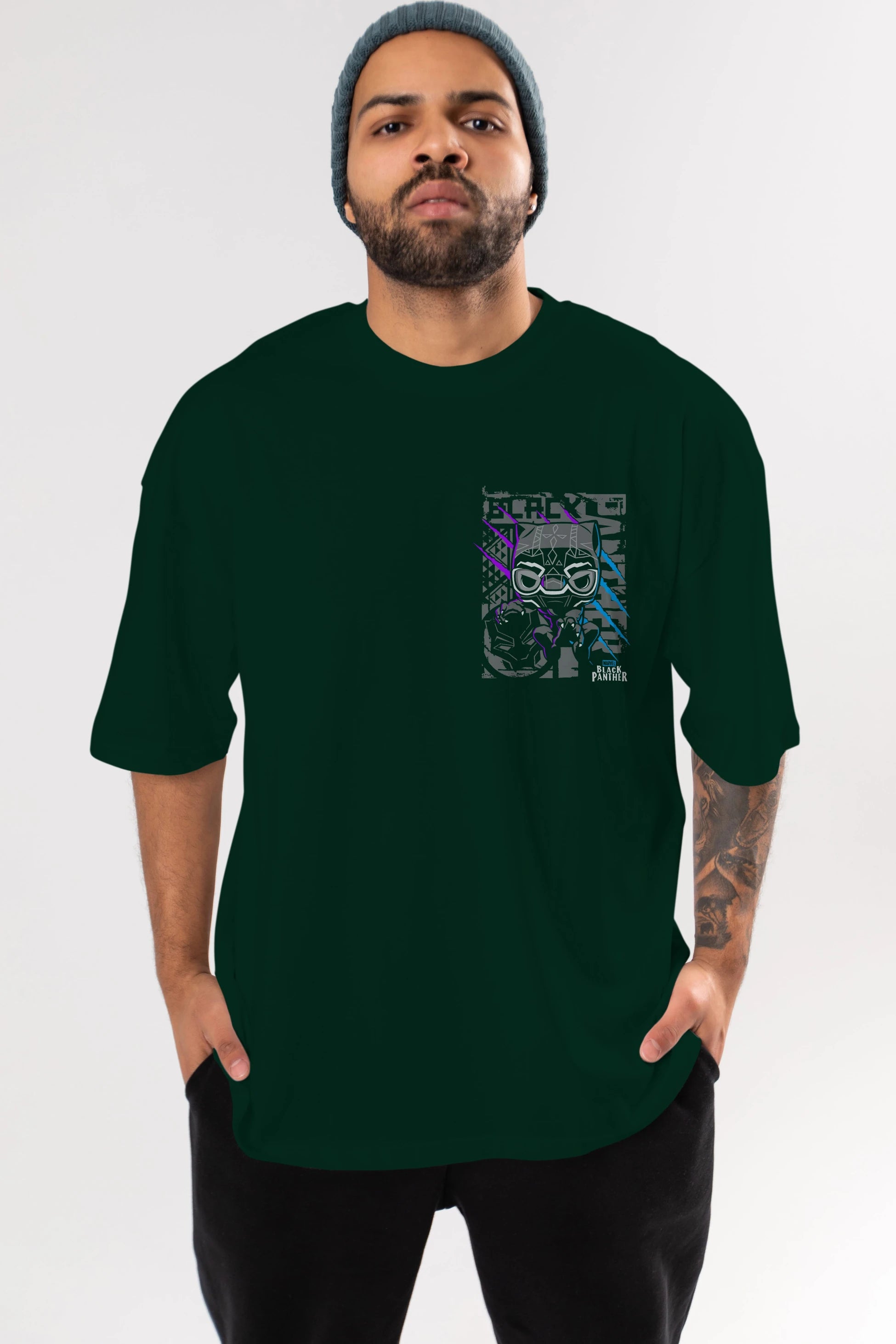 Black Panther Ön Sol Baskılı Oversize t-shirt Erkek Kadın Unisex %100 Pamuk Bisiklet Yaka tişort