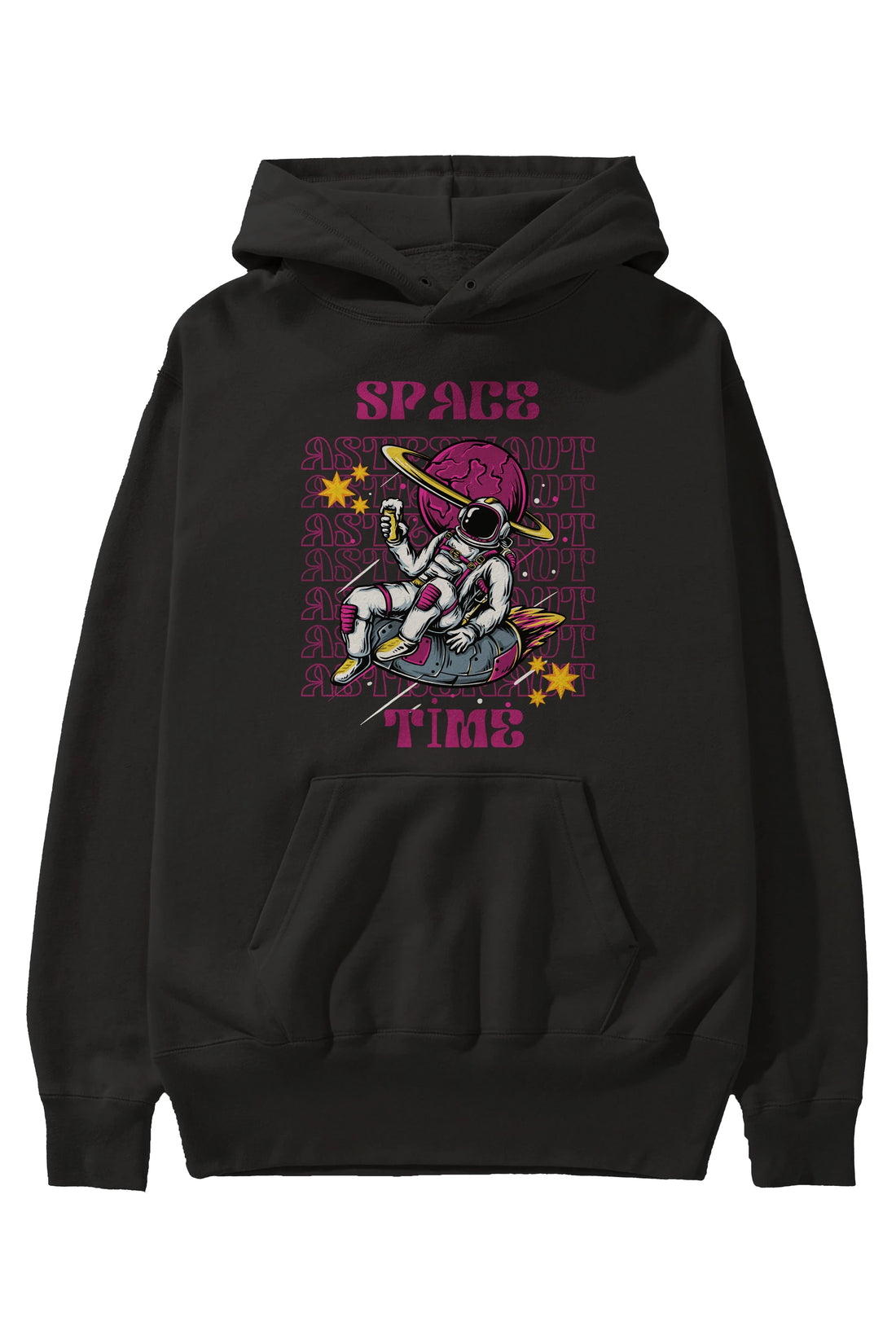 Space Time Astronaut Yazılı Ön Baskılı Oversize Hoodie Kapüşonlu Sweatshirt Erkek Kadın Unisex