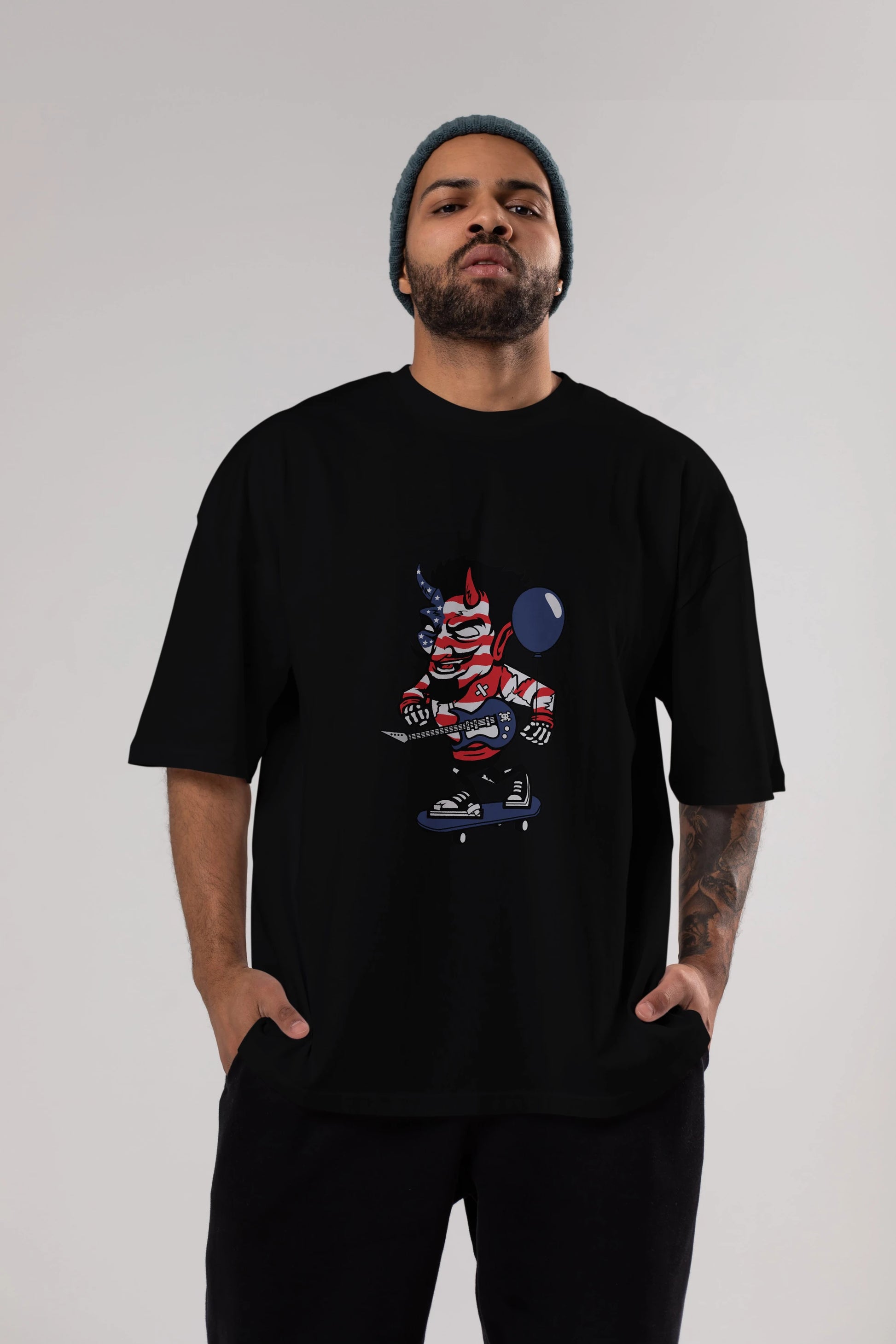 American Devil Skater Ön Baskılı Oversize t-shirt Erkek Kadın Unisex %100 Pamuk tişort
