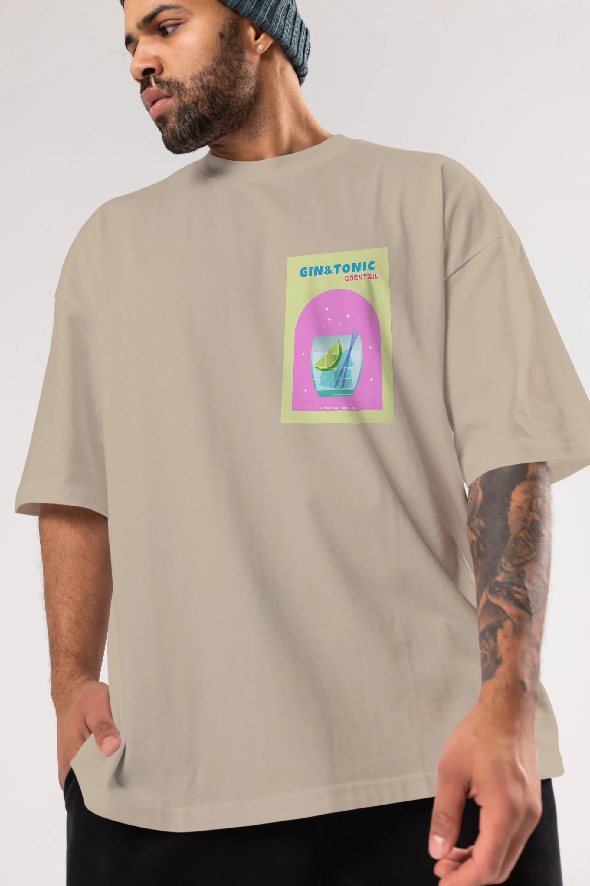 Gin Tonic Cocktail Ön Sol Baskılı Oversize t-shirt Erkek Kadın Unisex %100 Pamuk Bisiklet Yaka tişort