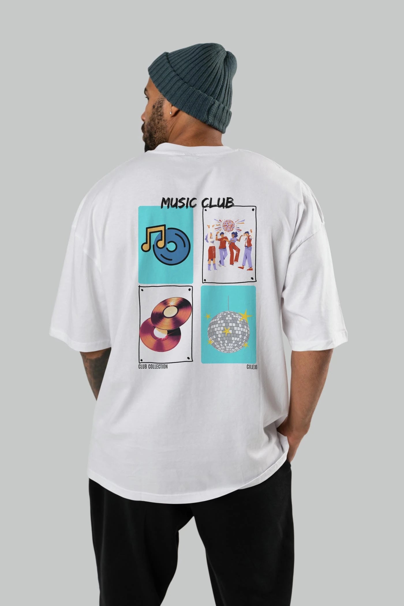 Music Club Arka Baskılı Oversize t-shirt Erkek Kadın %100 Pamuk Bisiklet Yaka tişort
