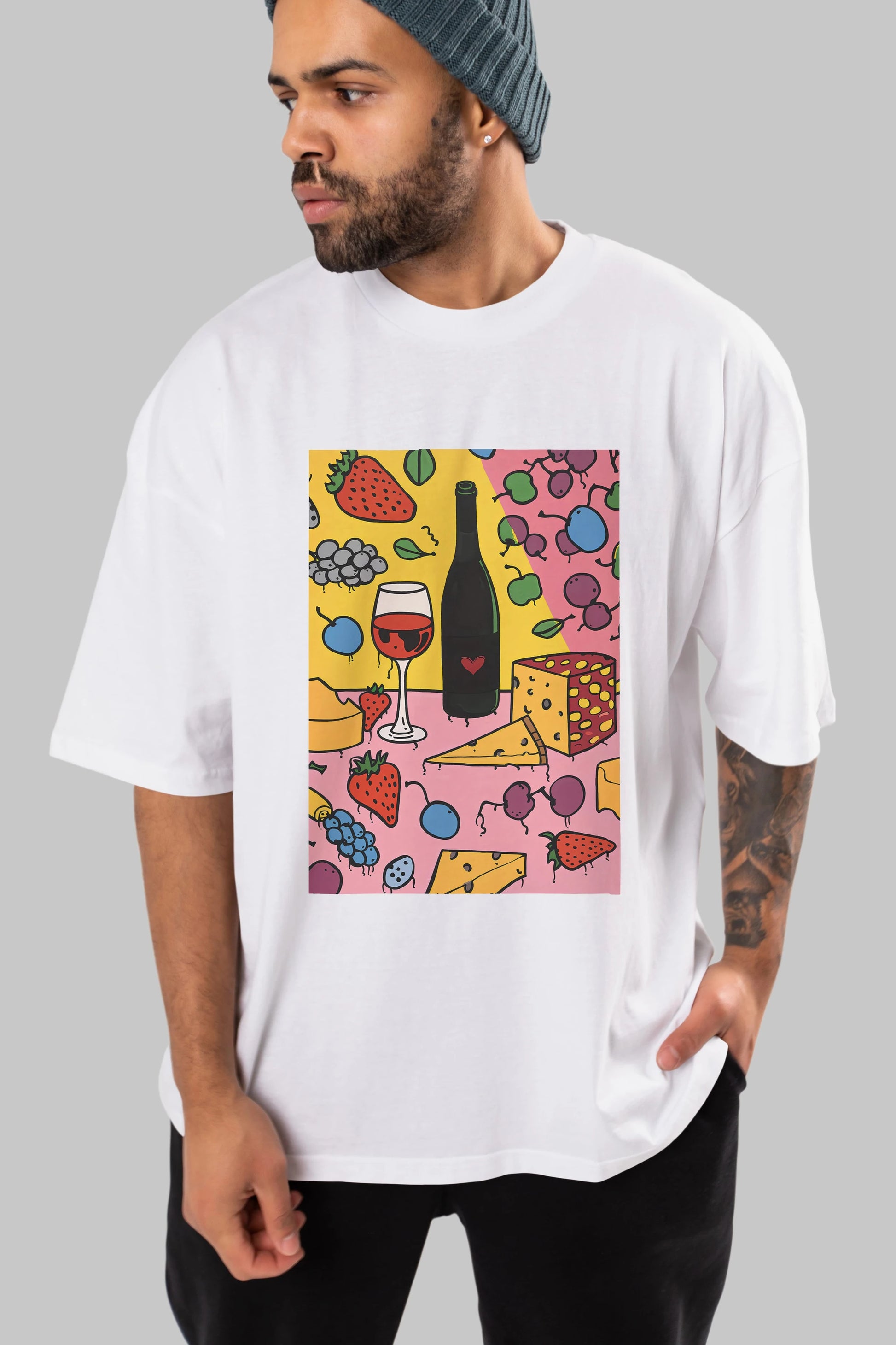 Wine Cheese Fruits Ön Baskılı Oversize t-shirt Erkek Kadın Unisex %100 Pamuk Bisiklet Yaka tişort