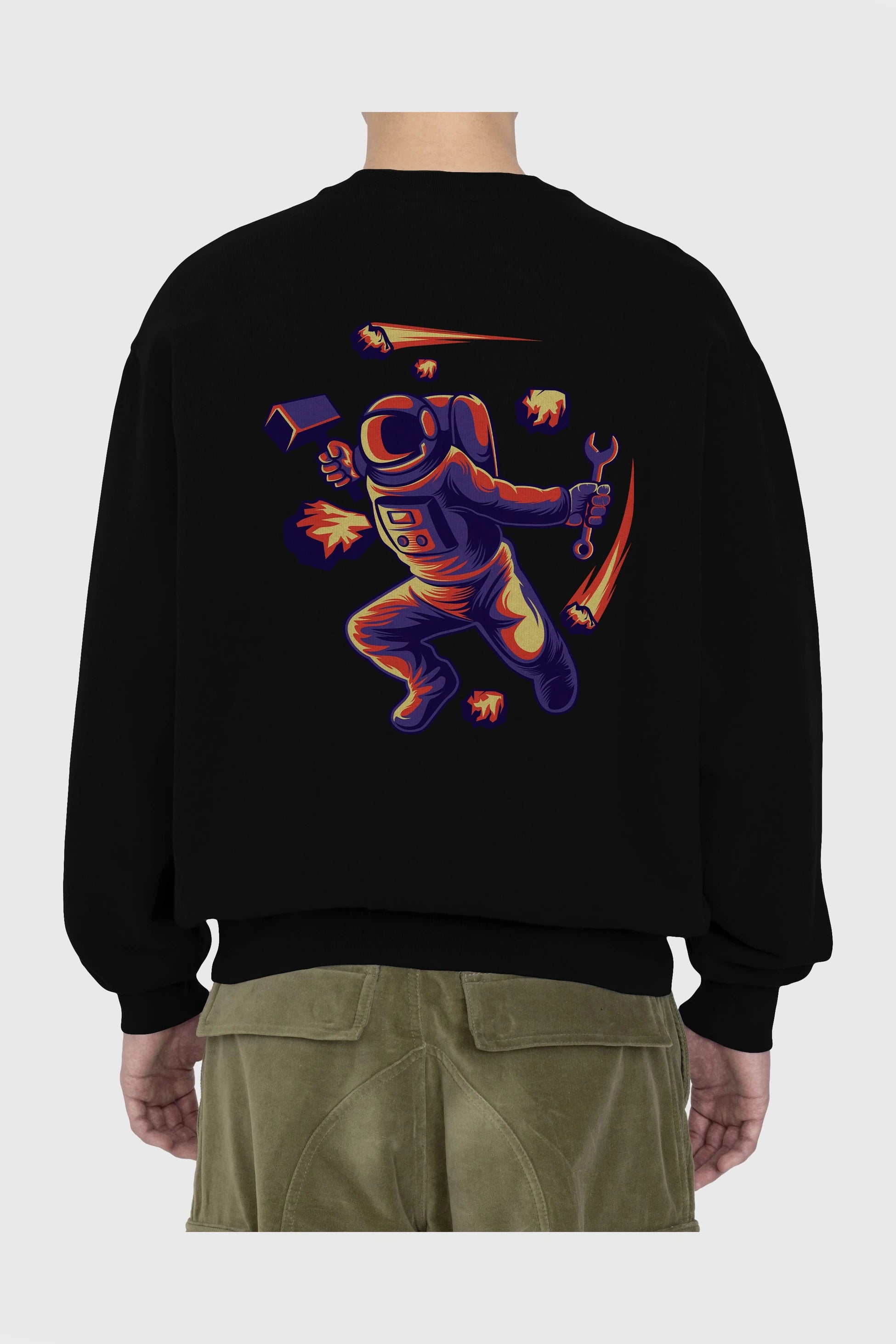 Astronaut Block Meteor Arka Baskılı Oversize Sweatshirt Erkek Kadın Unisex