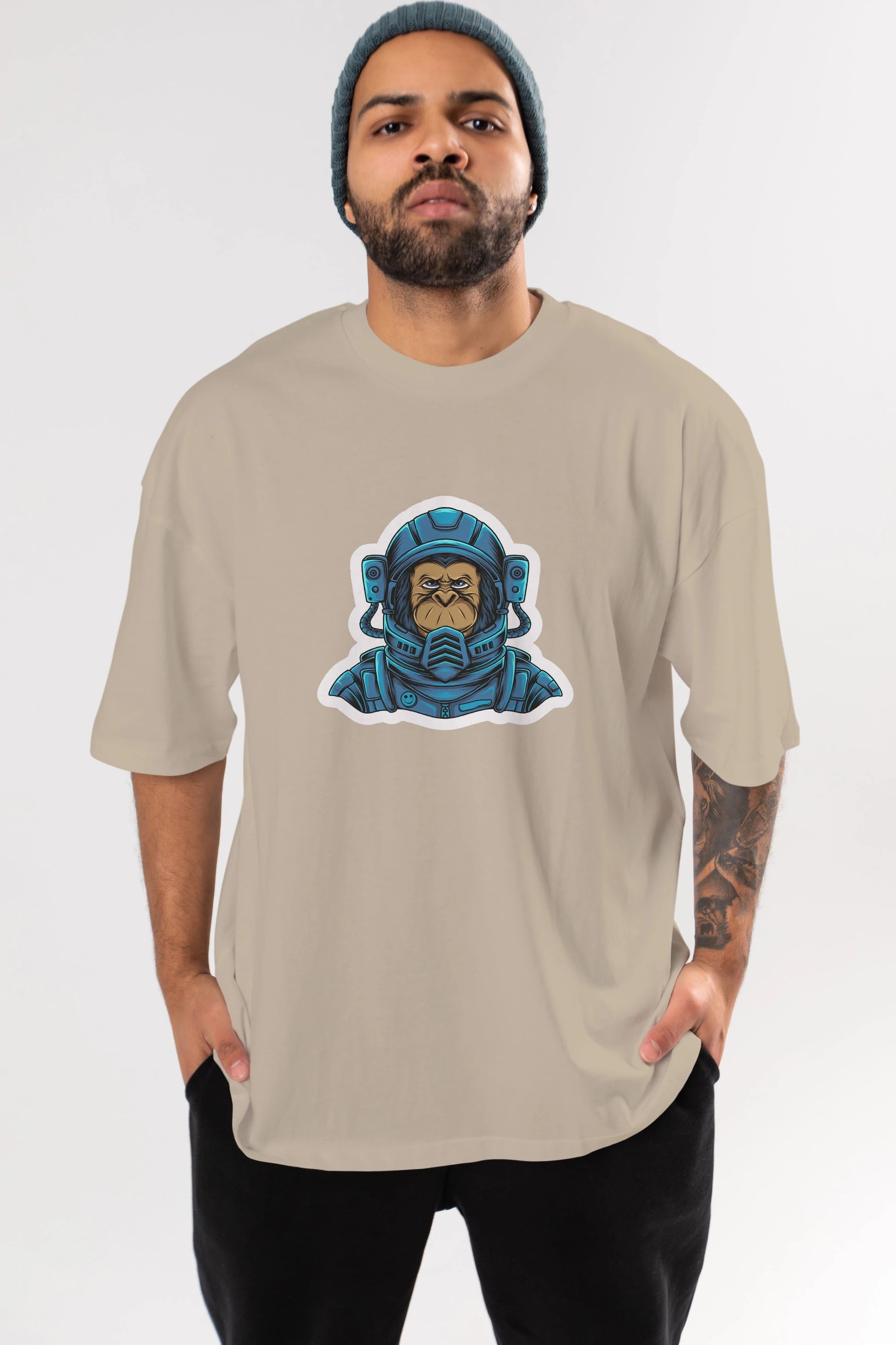 Astromonkey Sticker Ön Baskılı Oversize t-shirt Erkek Kadın Unisex