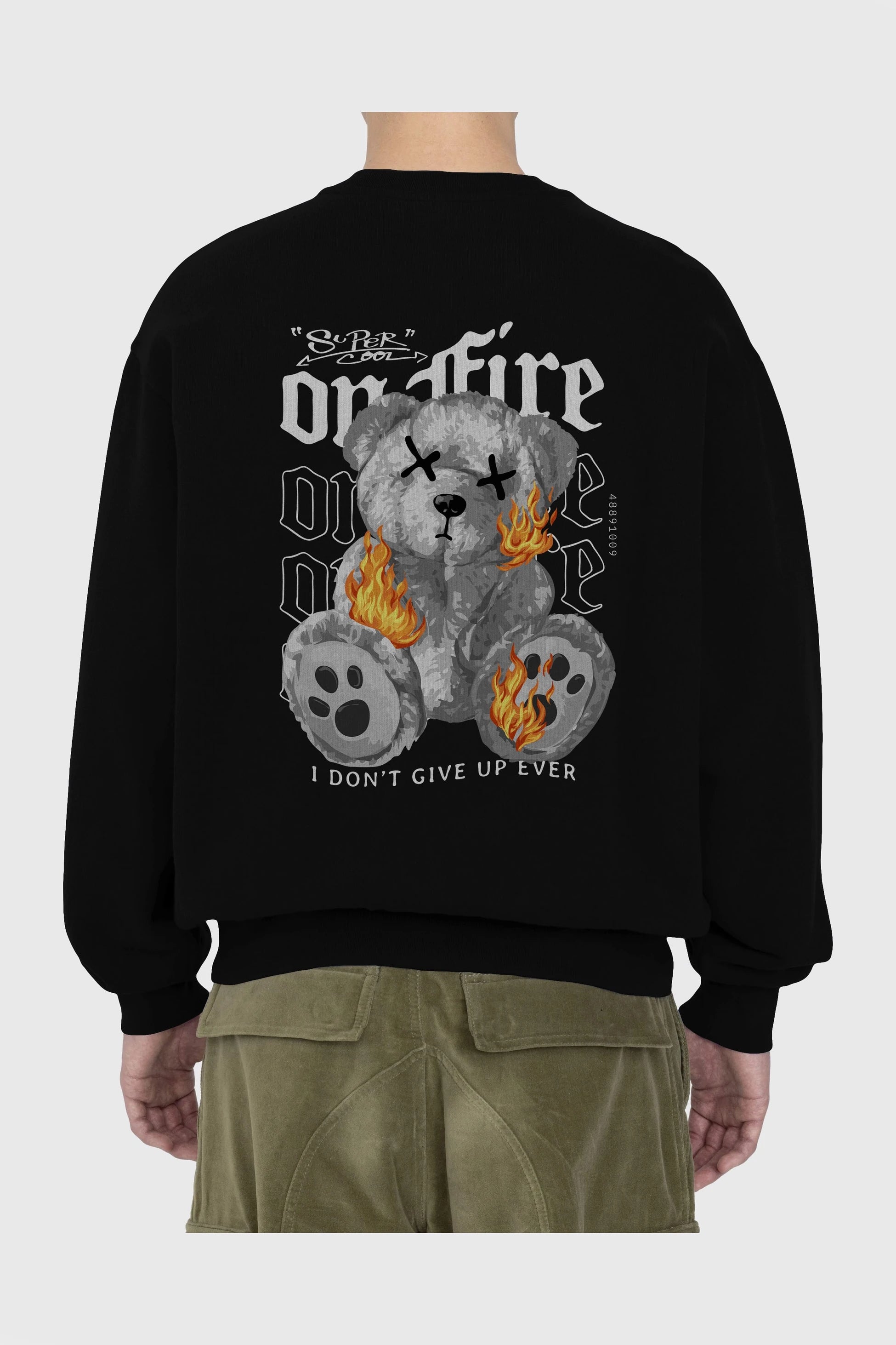 Teddy Bear On Fire Arka Baskılı Oversize Sweatshirt Erkek Kadın Unisex