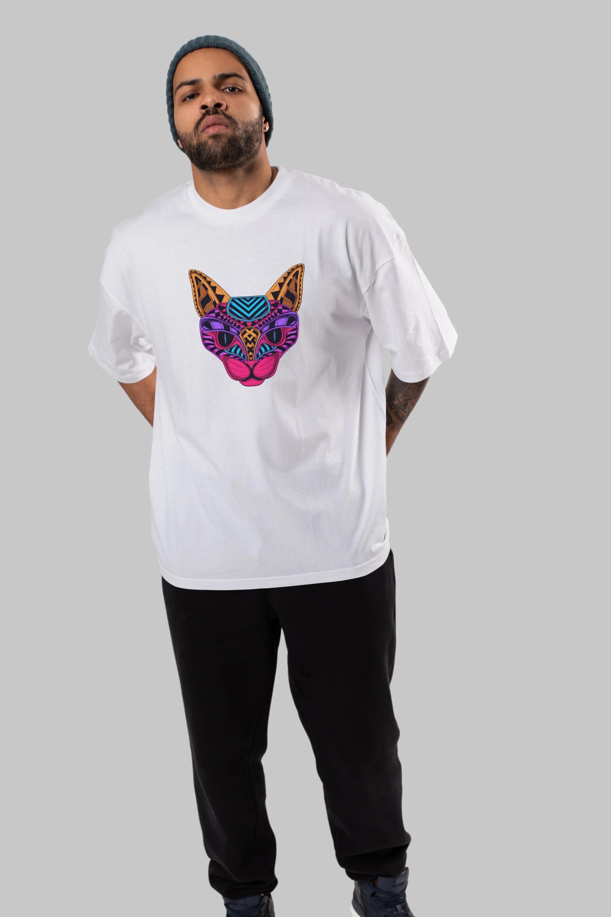 Black Neon Cat Ön Baskılı Oversize t-shirt Erkek Kadın Unisex