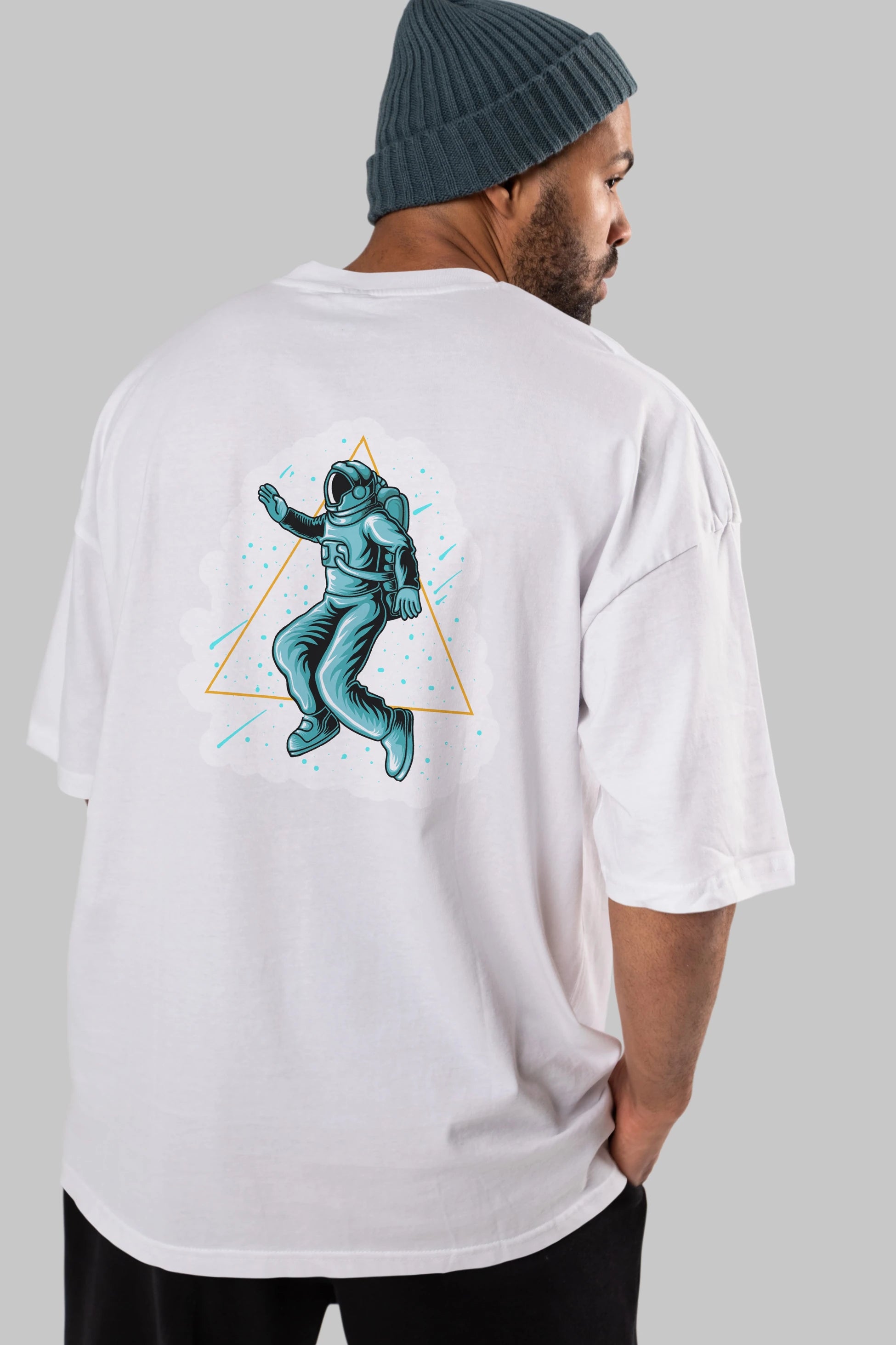 Astronaut Starry Triangle Sticker Arka Baskılı Oversize t-shirt Erkek Kadın Unisex