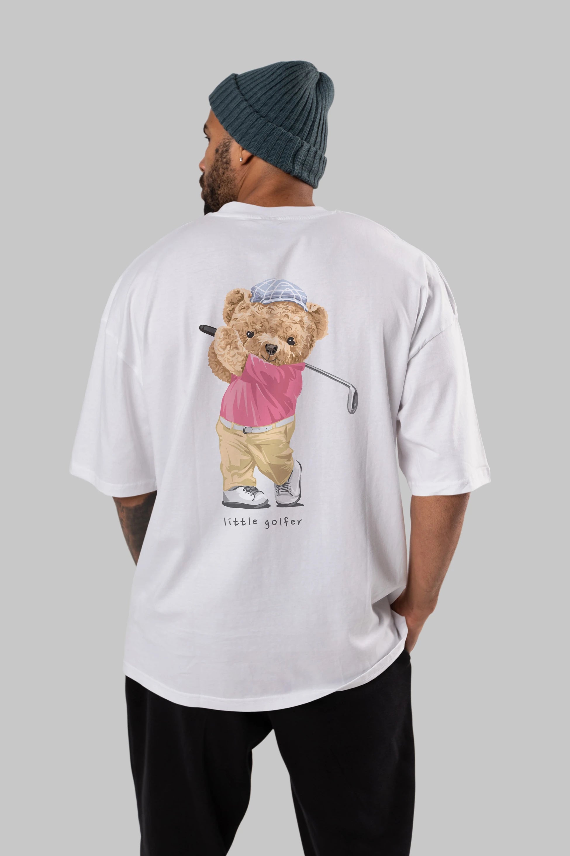 Teddy Bear Little Golfer Arka Baskılı Oversize t-shirt Erkek Kadın Unisex %100 Pamuk