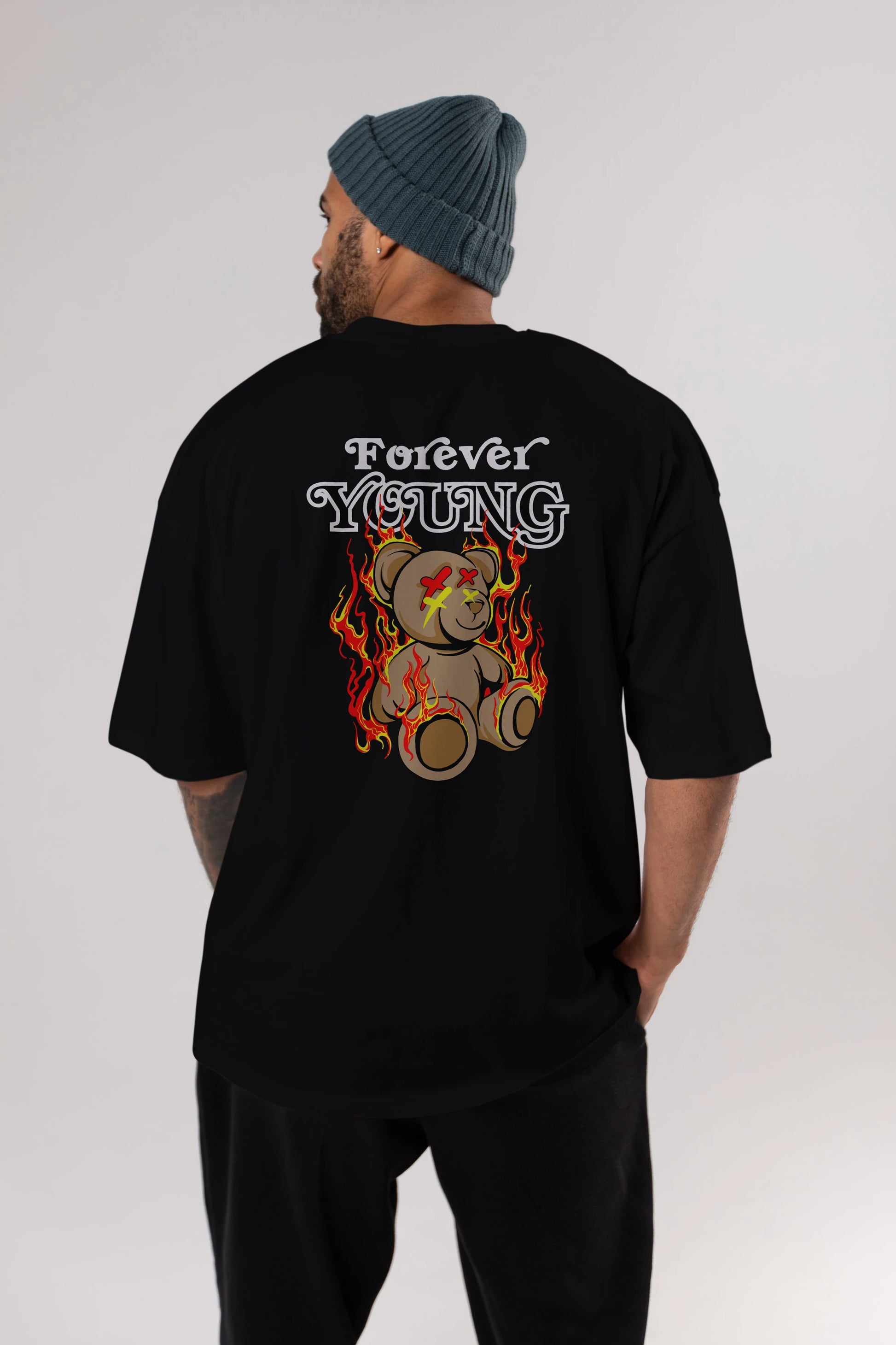Forever Young Bear Arka Baskılı Oversize t-shirt Erkek Kadın Unisex
