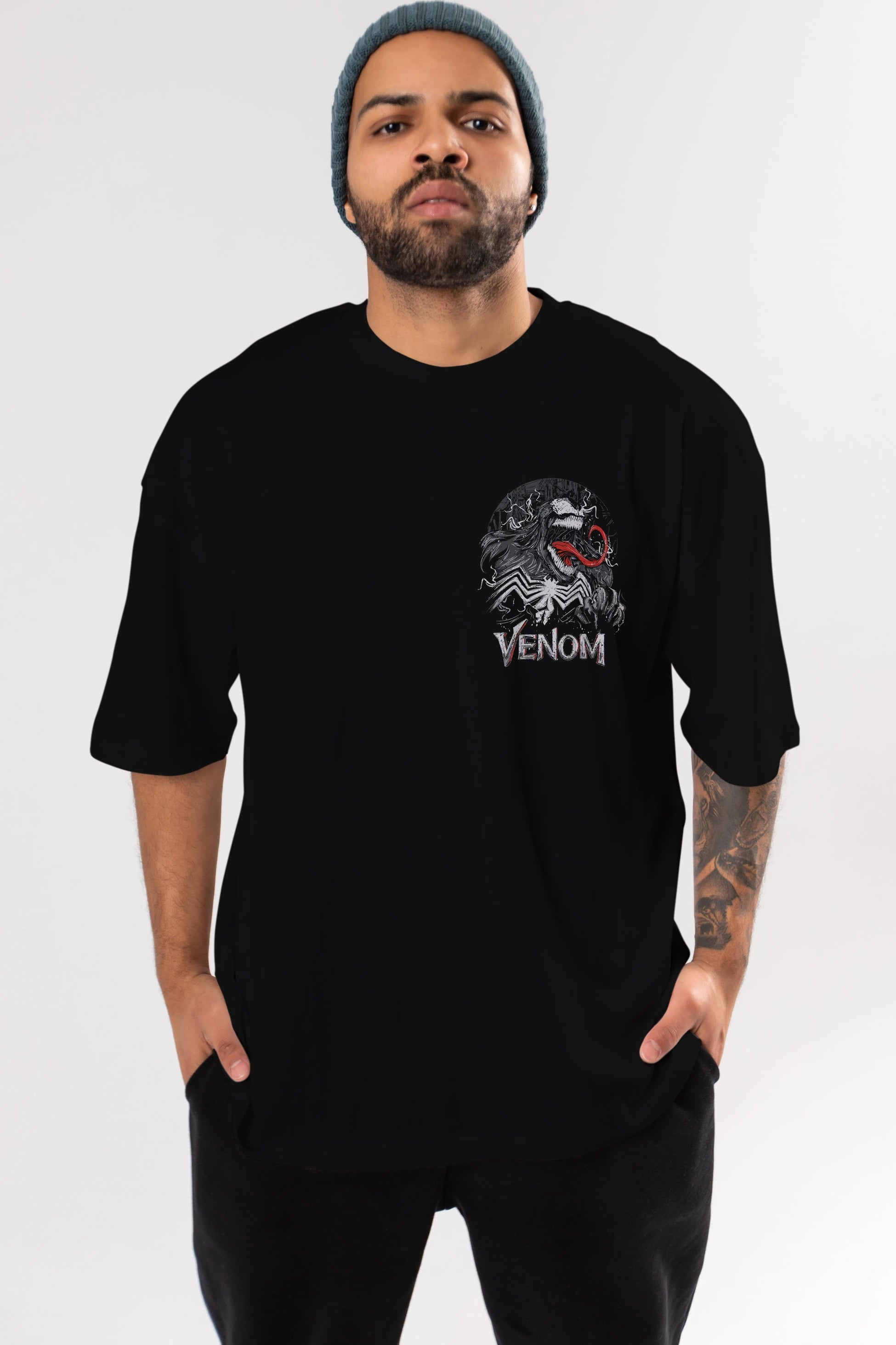 Venom (13) Ön Sol Baskılı Oversize t-shirt Erkek Kadın Unisex %100 Pamuk Bisiklet Yaka tişort