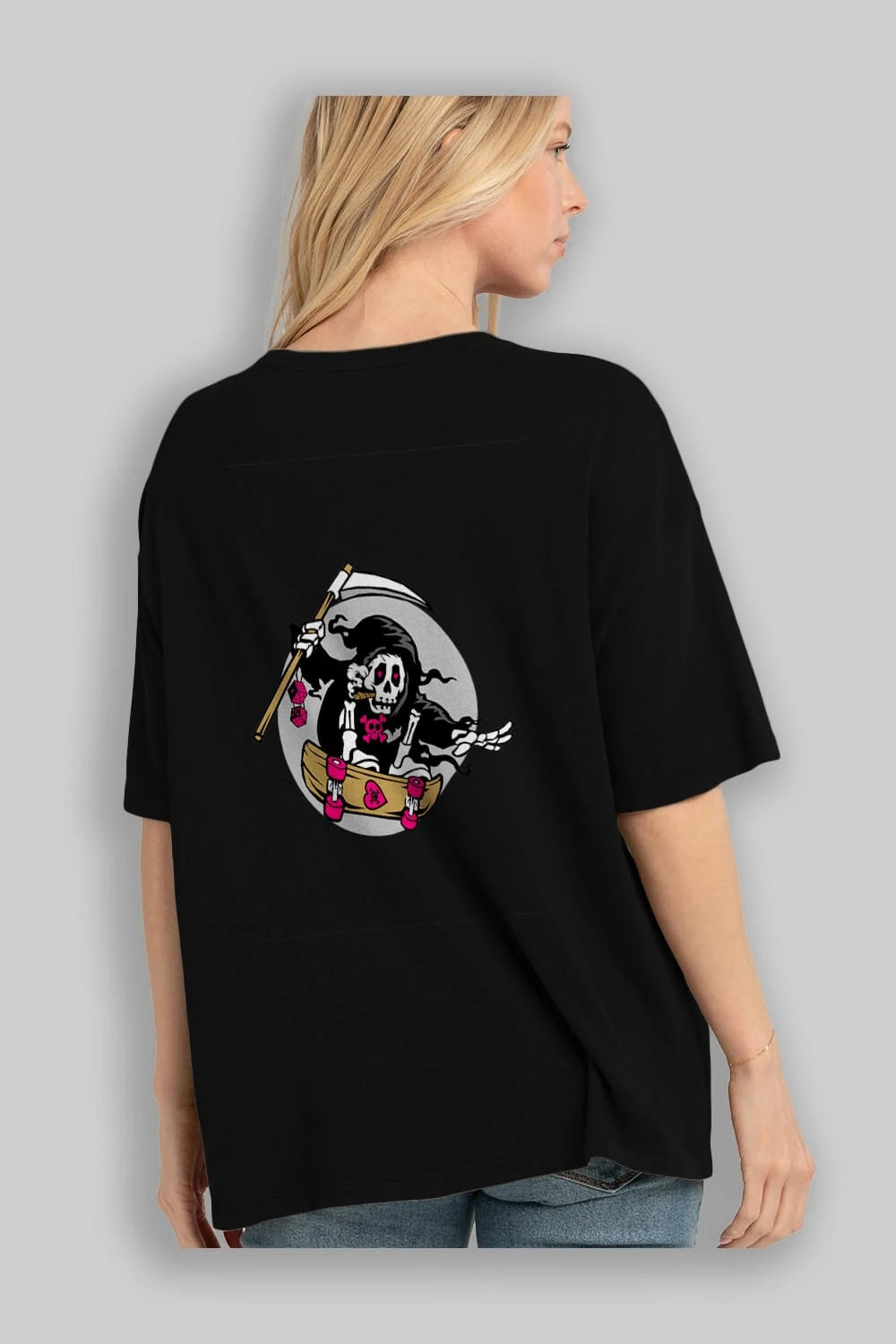 Grim Skater Arka Baskılı Oversize t-shirt Erkek Kadın Unisex %100 Pamuk tişort