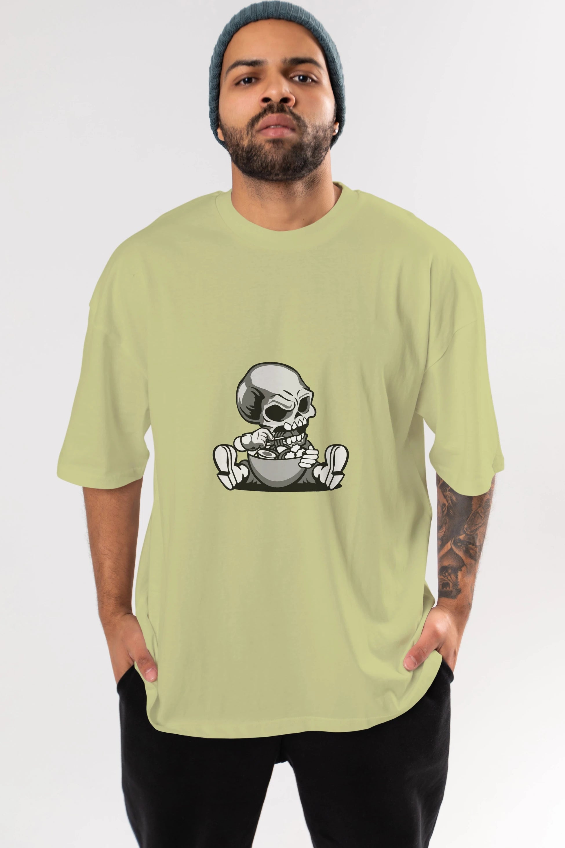Skull Eat Ramen Ön Baskılı Oversize t-shirt Erkek Kadın Unisex %100 Pamuk tişort