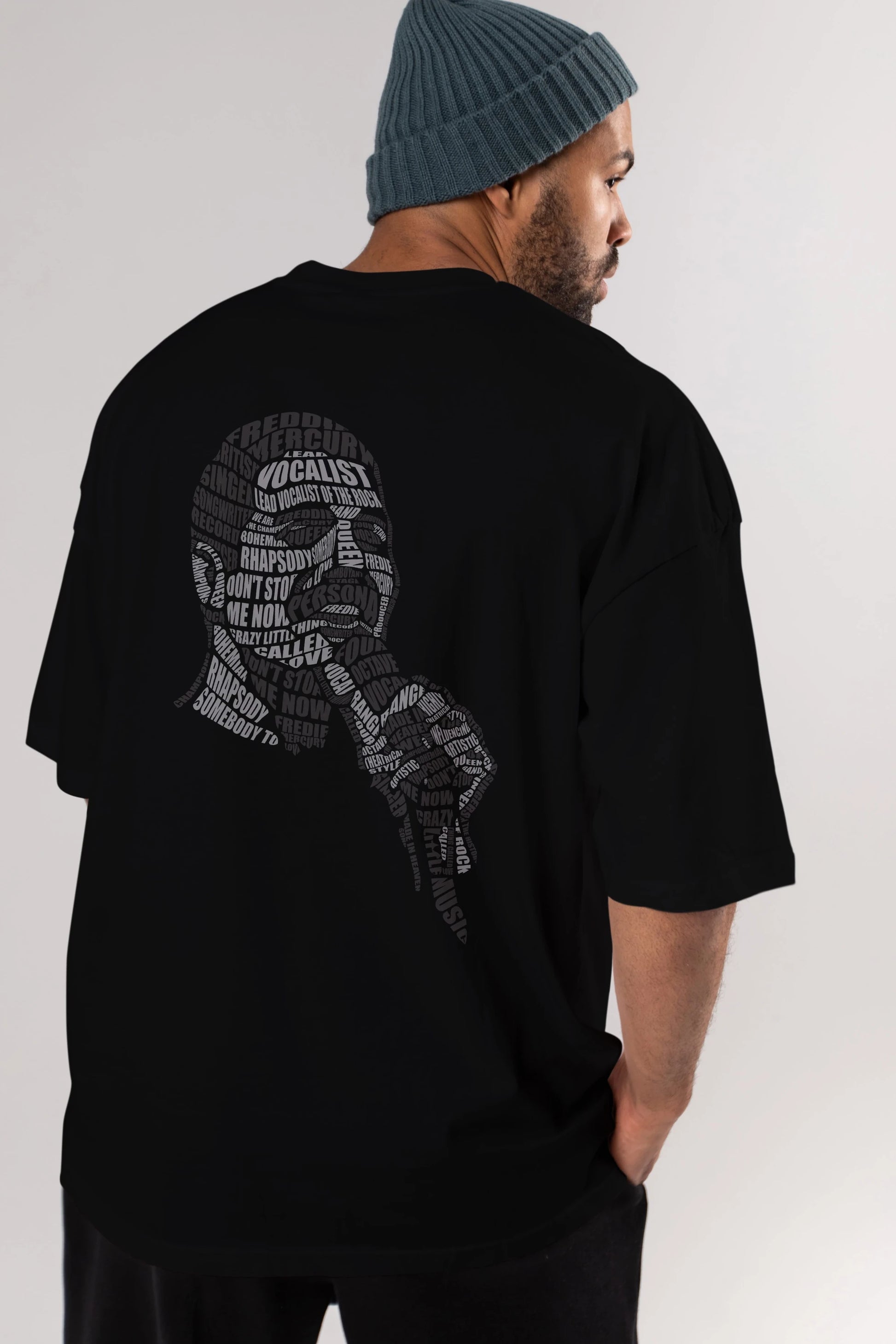 Freddy Mercuri Calligram Arka Baskılı Oversize t-shirt %100 pamuk Erkek Kadın Unisex
