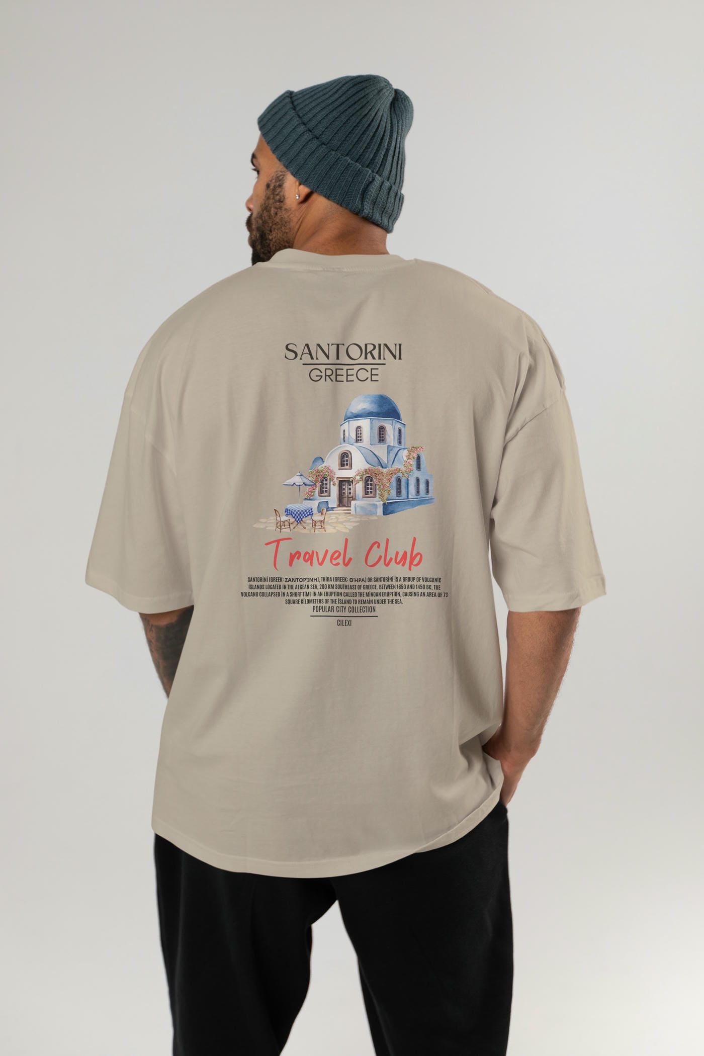 Santorini Greece Arka Baskılı Oversize t-shirt Erkek Kadın Pamuk Bisiklet Yaka tişort