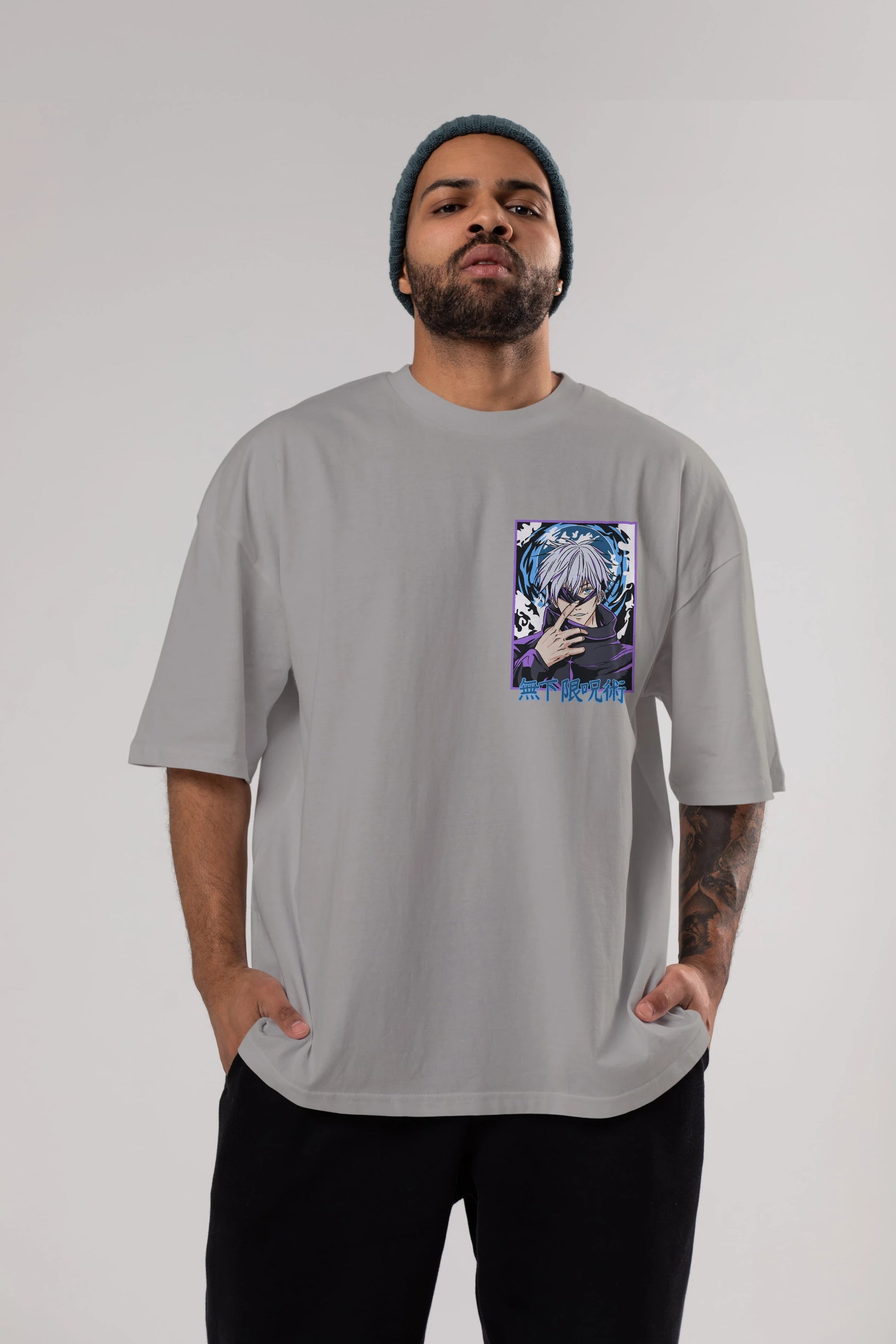 SATORU GOJO 3 Ön Sol Baskılı Oversize t-shirt Erkek Kadın Unisex %100 Pamuk Bisiklet Yaka tişort