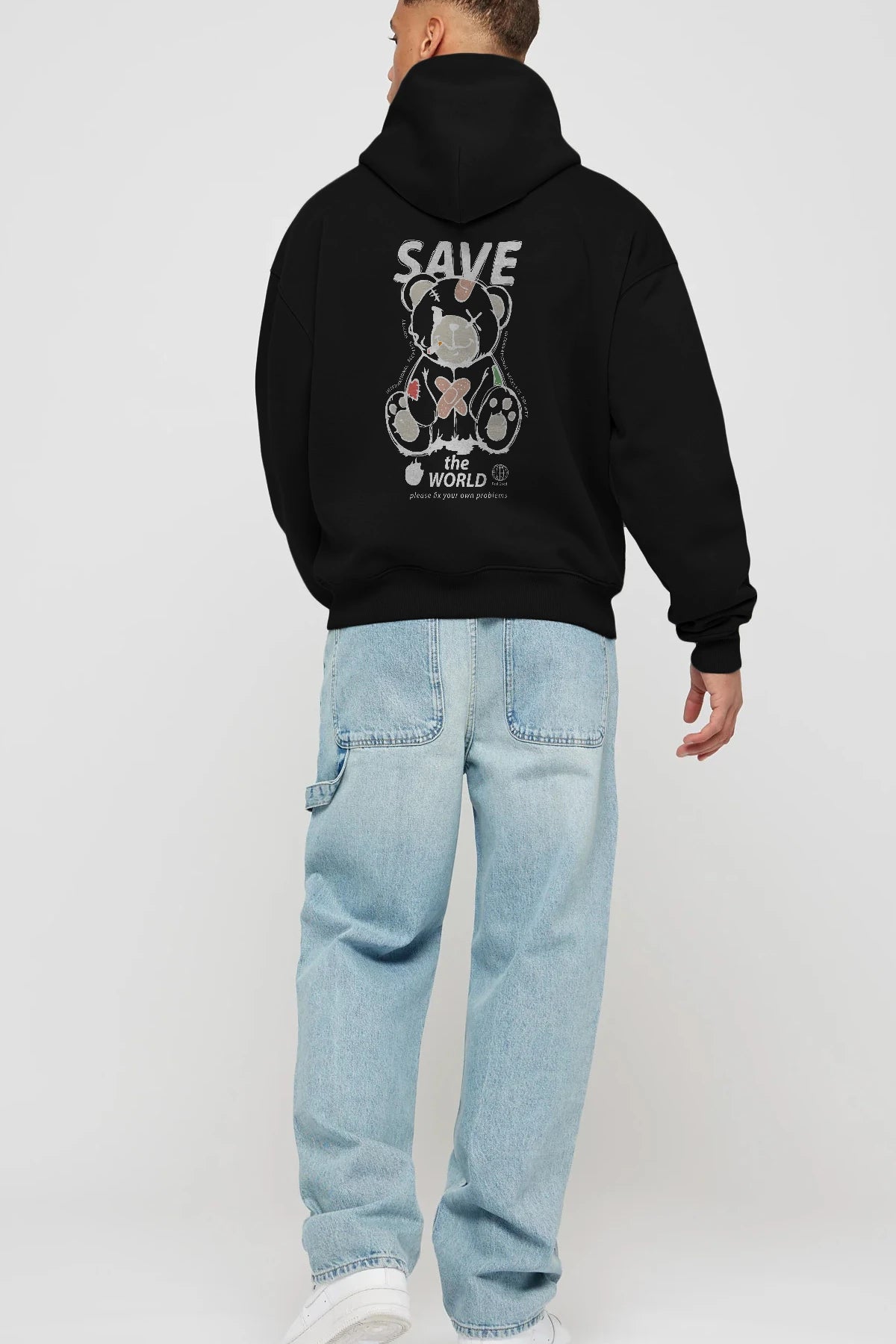 Save the World Bear Arka Baskılı Hoodie Oversize Kapüşonlu Sweatshirt Erkek Kadın Unisex