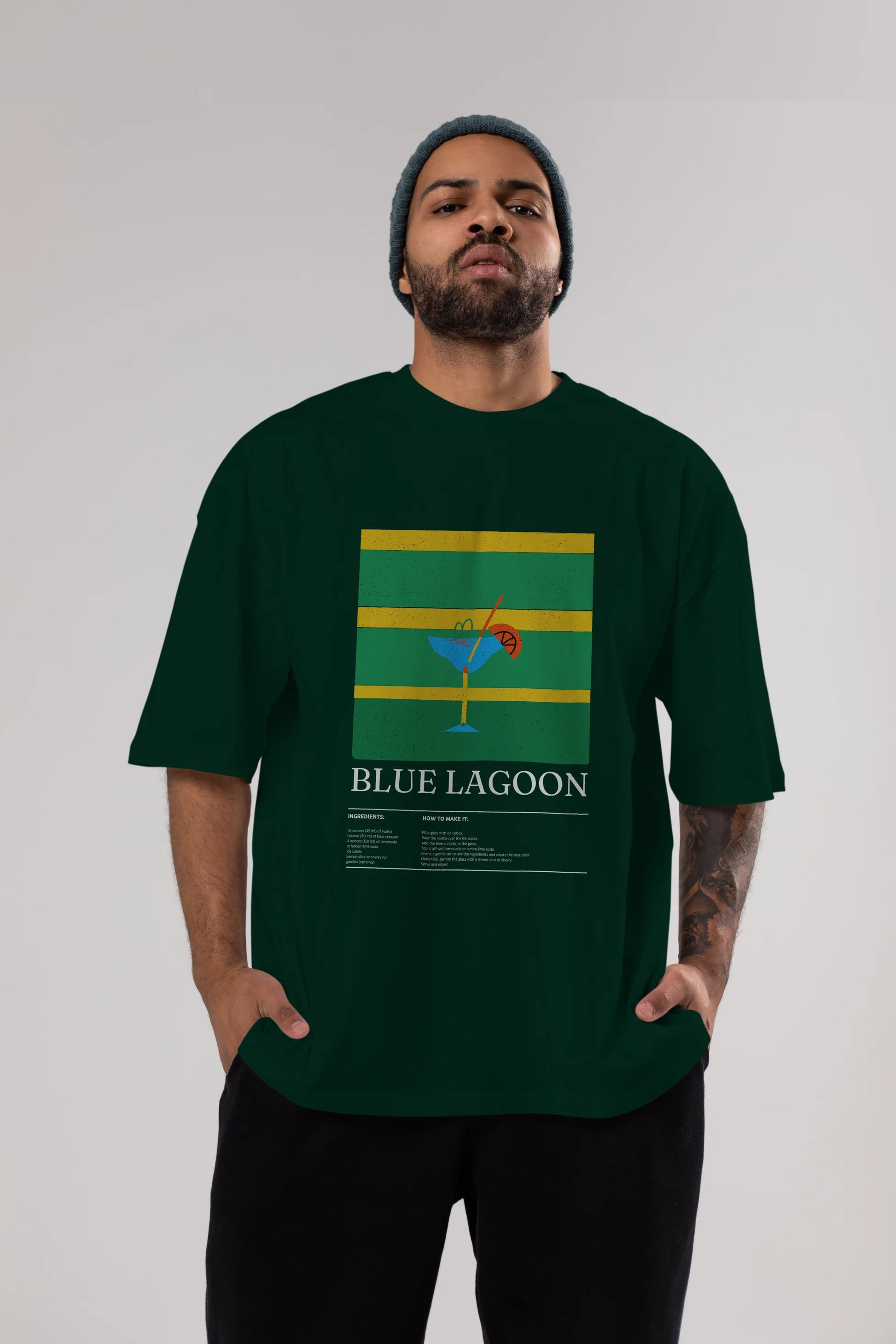 Blue Lagoon Kokteyl Ön Baskılı Oversize t-shirt Erkek Kadın %100 Pamuk Bisiklet Yaka tişort