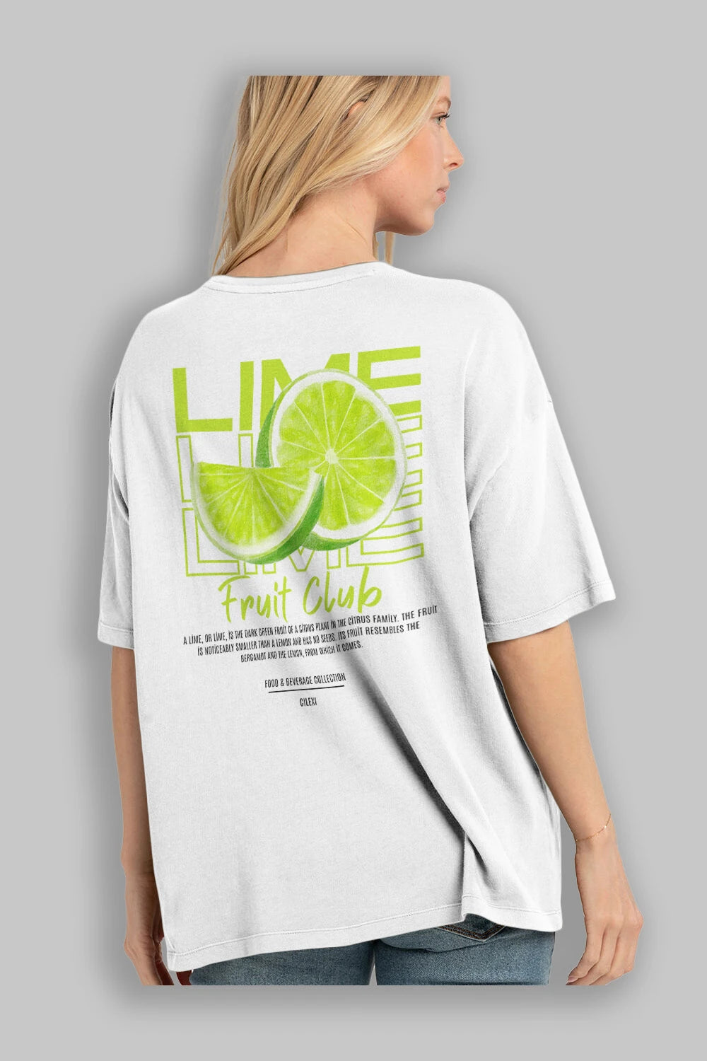 Lime Arka Baskılı Oversize t-shirt Erkek Kadın Pamuk Bisiklet Yaka tişort