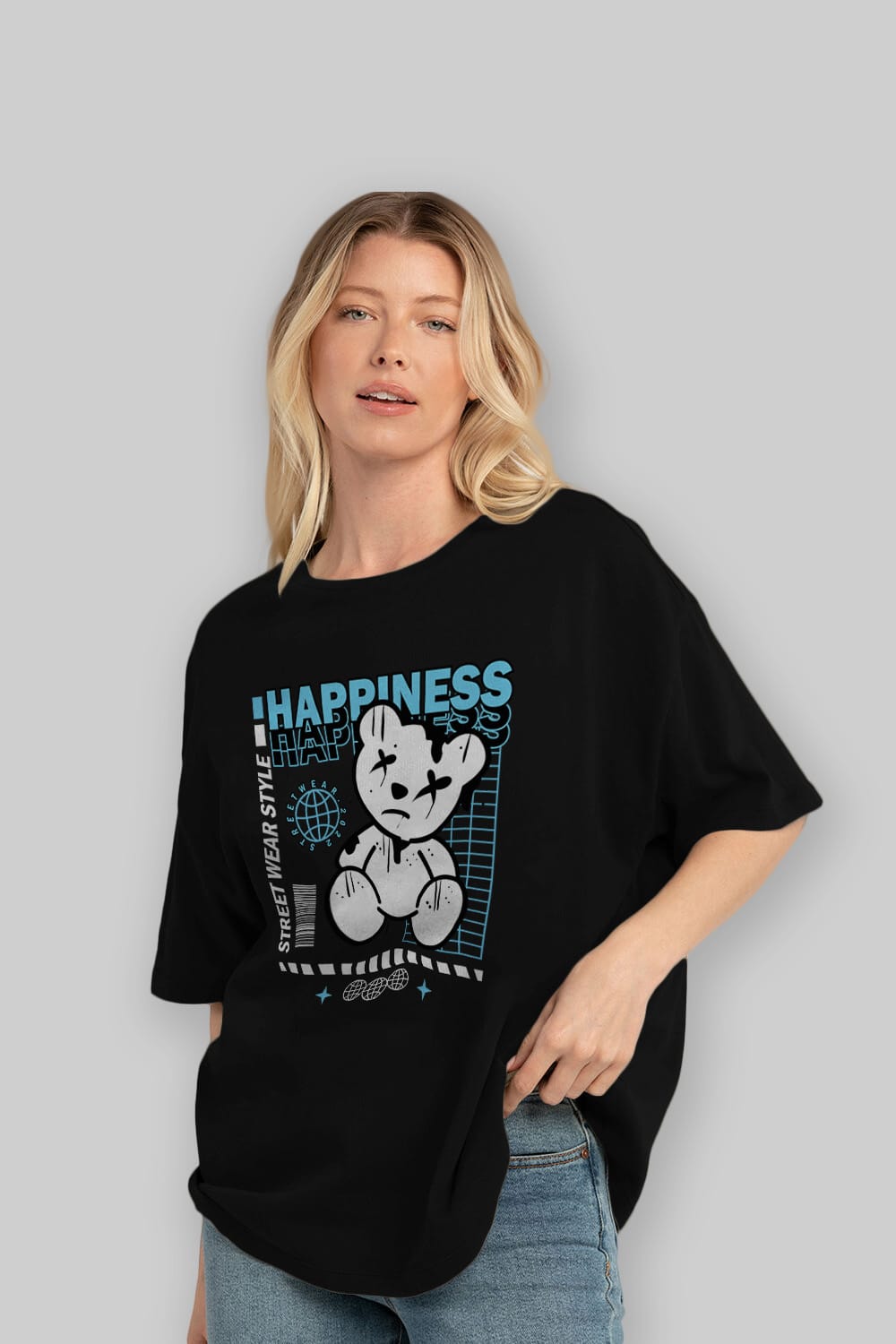 Happiness Bear 2 Ön Baskılı Oversize t-shirt Erkek Kadın Unisex